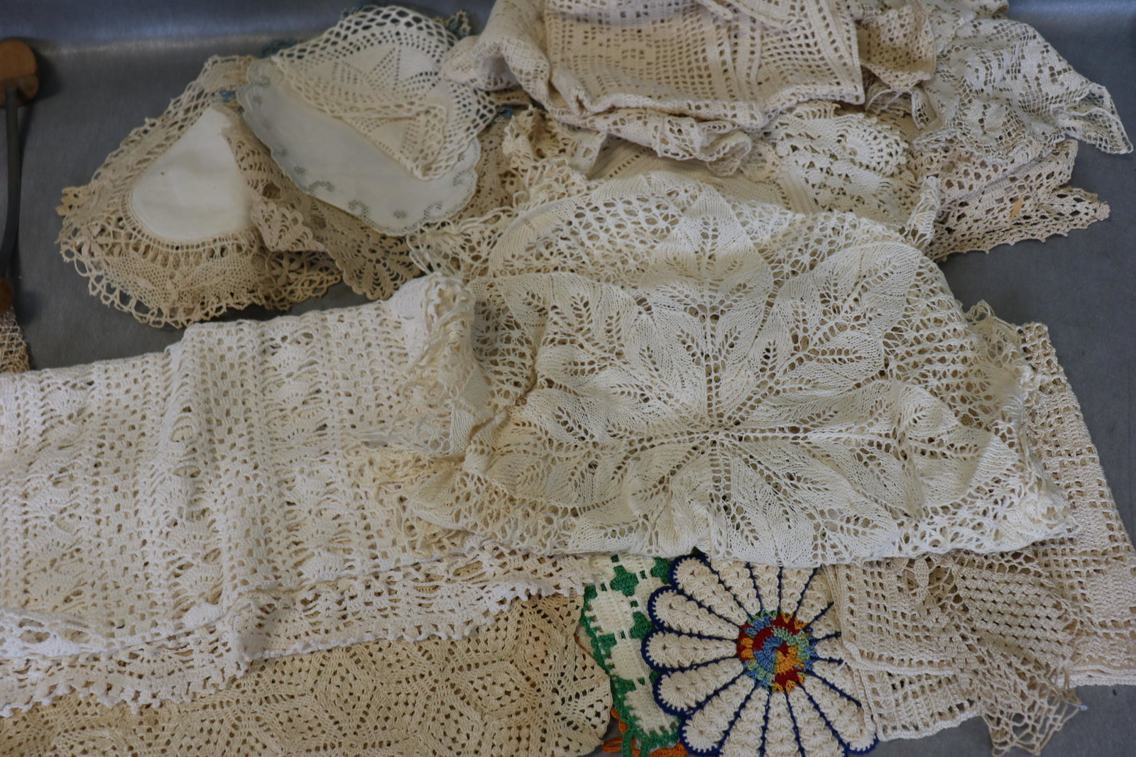Large Lot Vintage Filet Work, Crochet Doilies, Pot: Nice selection of good quality crocheted doilies, runner, pot holders, various styles and sizes. All in good condition with very little soil