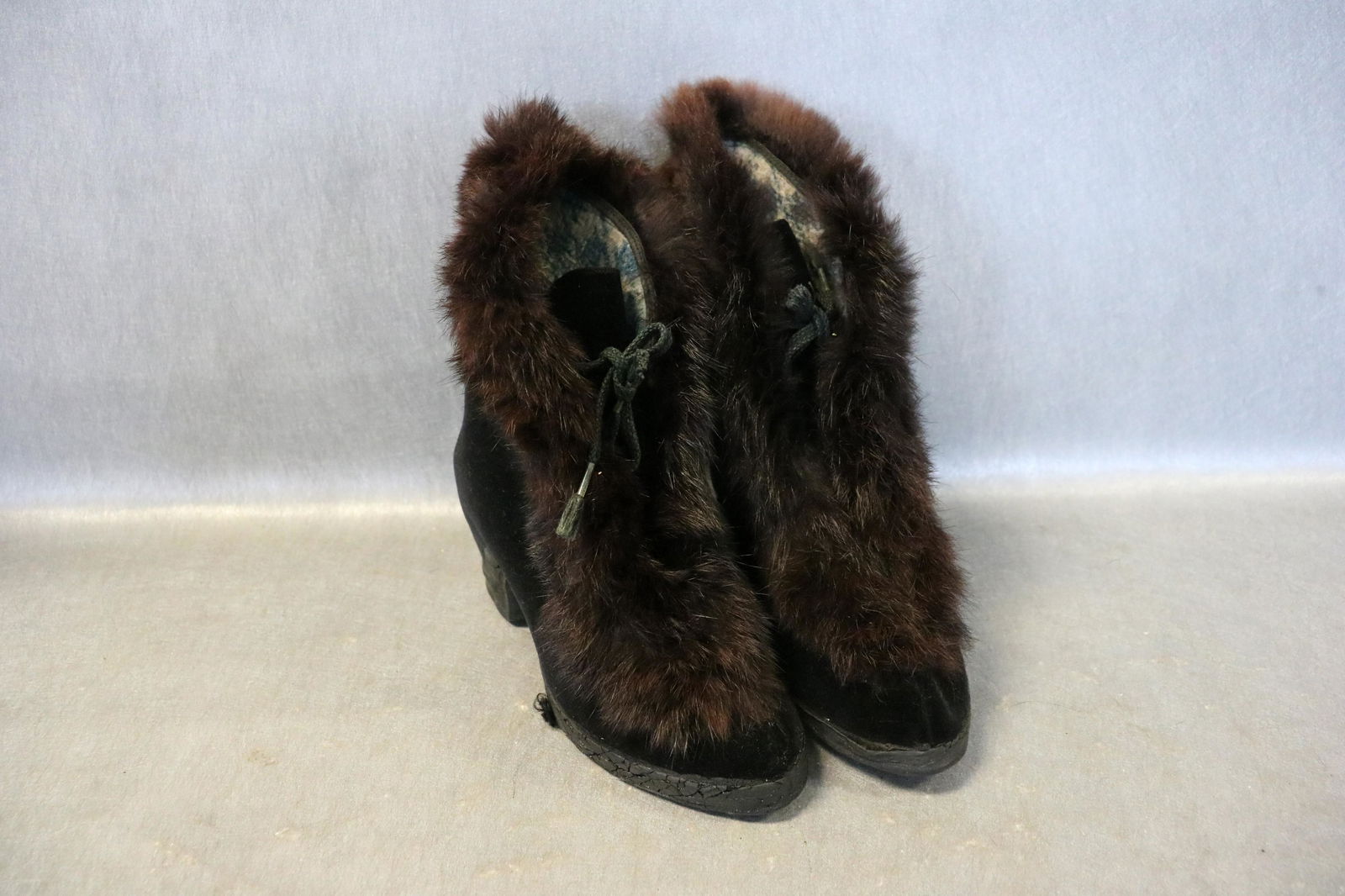 Antique Kerrybrooke Velvet & Mink Fur Boots: Labeled size 5, approx. 8 1/2" long. Flannel lined. Some cracking on the rubber bottoms