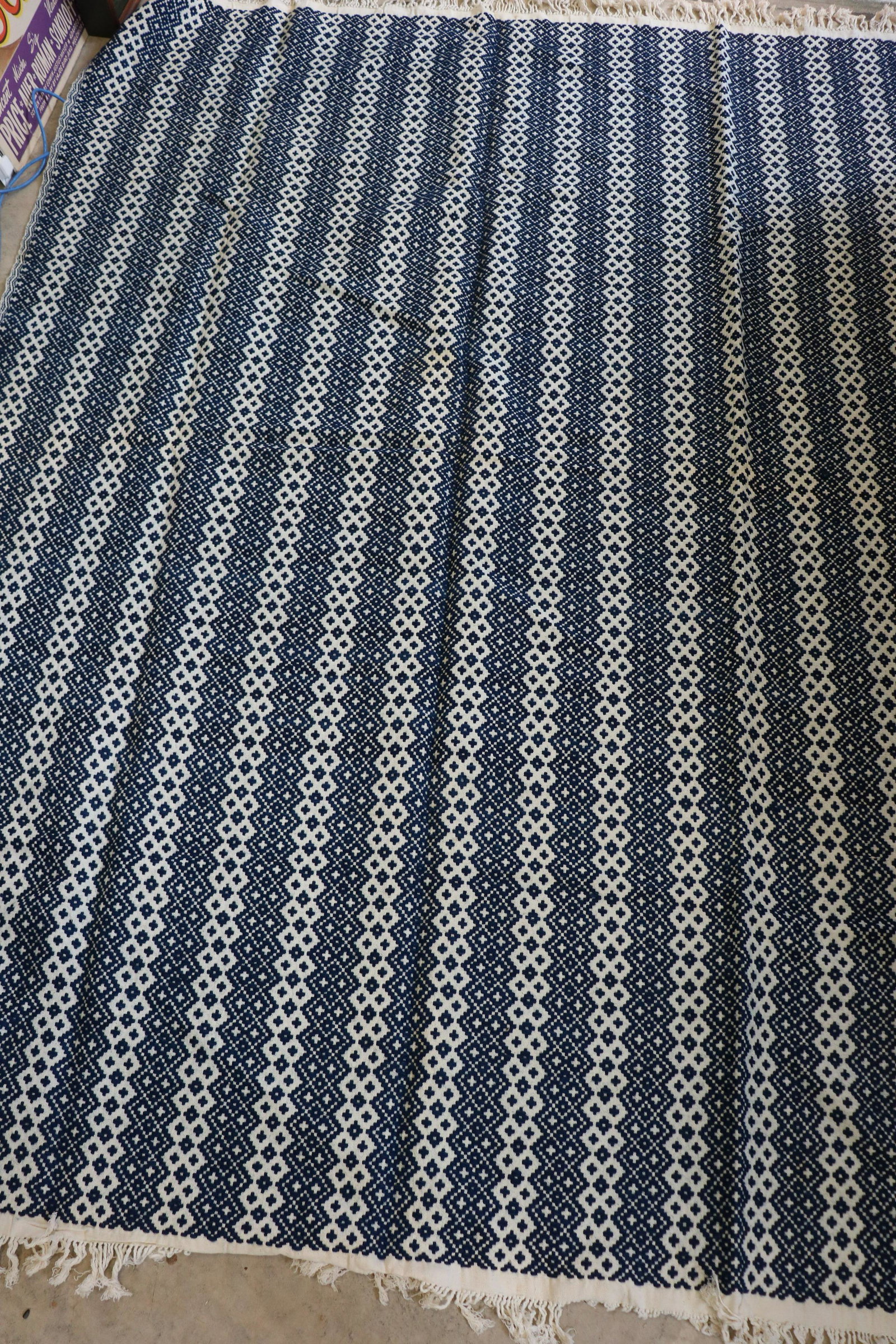 Antique Old Store Stock Woven Coverlet, Blue: Appears to be a wool/linen blend fabric, approx. 62x88" without fringe.