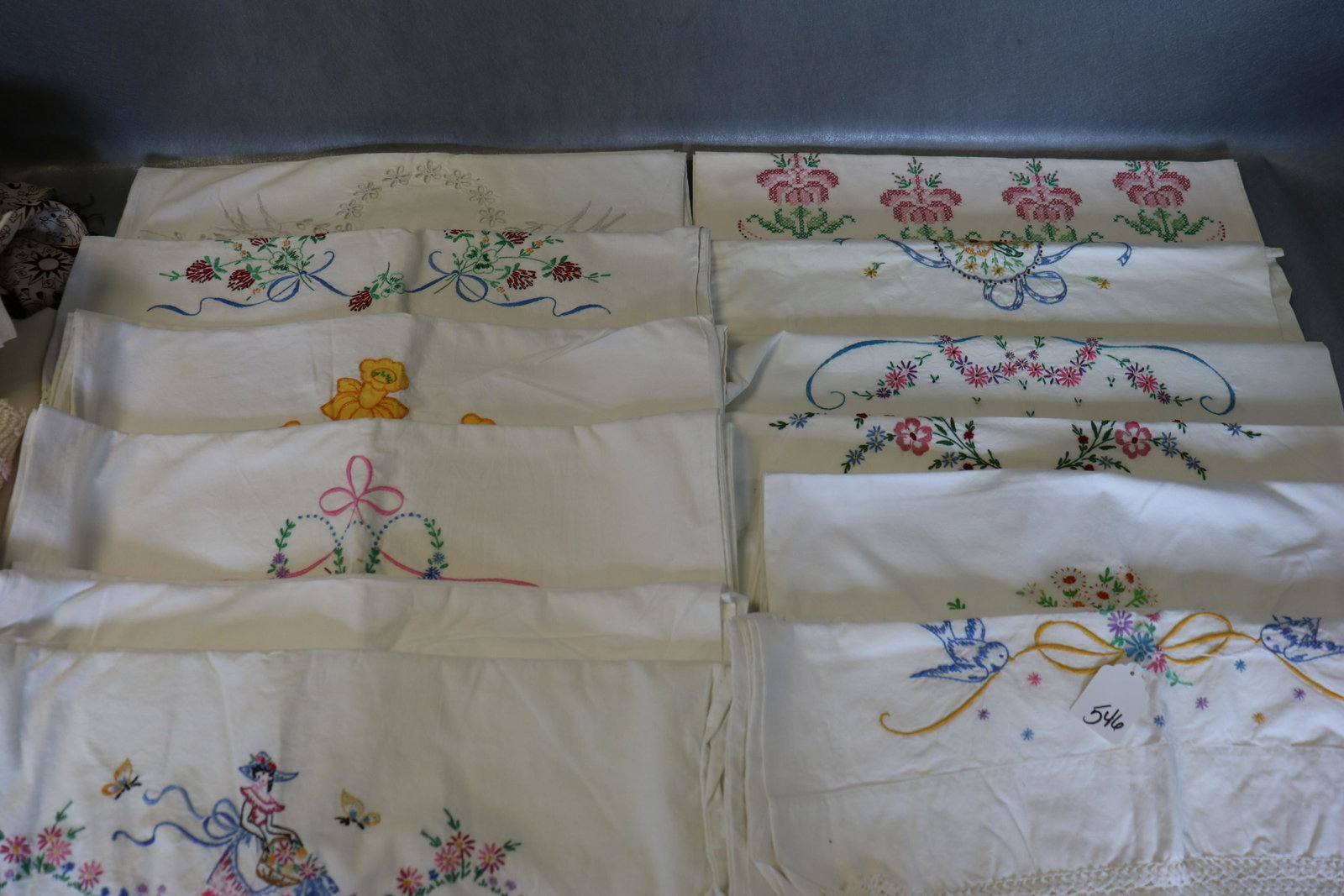 Lot of 12 Pair Vintage Embroidered Pillow Cases: hand embroidery and crochet trimmed pillow cases, some minor stains, great lot