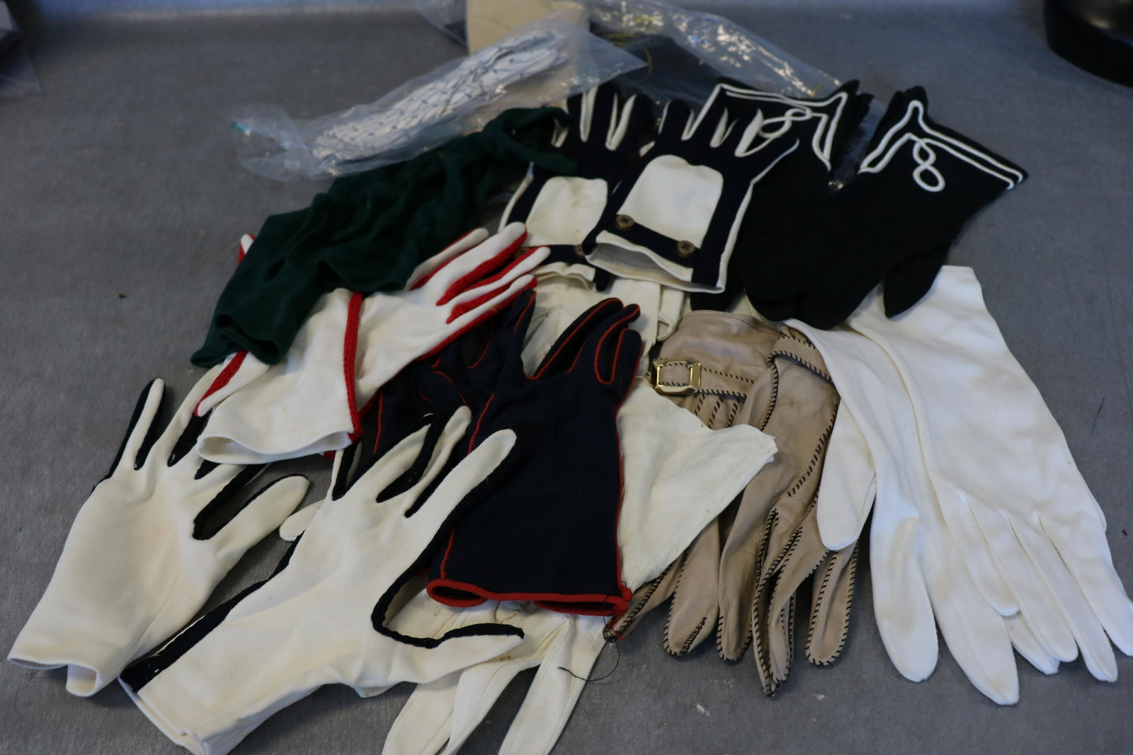Lot of 13 Pair Ladies Vintage Gloves: leather, kid skin, fabric, some old store stock
