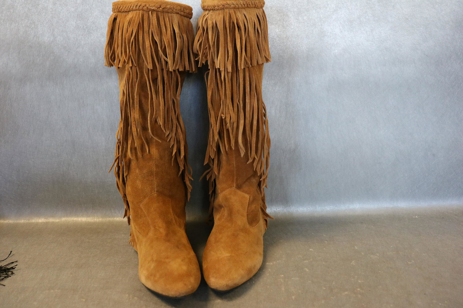 Vintage Sam Elderman Suede Fringe Ladies Boots: slightly worn size 8M, knee height, flats530