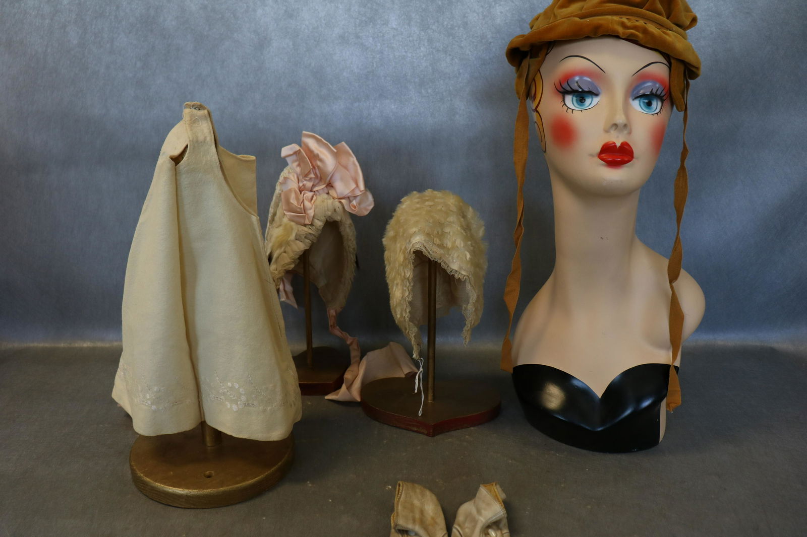 Lot of Children's Vintage Bonnets, Shoes & Slip: white kid skin shoes early 1900's, high top with button, gold velvet little girls, white faux fur wool, and white silk with peach ribbon and mink tail fur, babies wool slip circs 1900