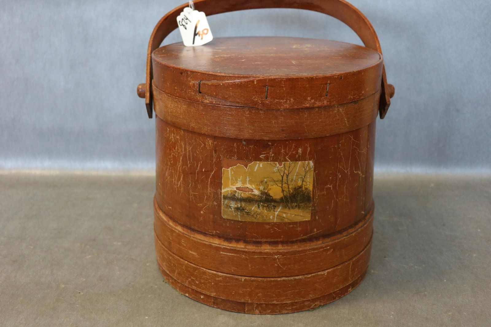 Vintage Firkin Sewing Basket with Contents: 10 inch tall wood firkin with swing handle, loaded with threads, buckles, scissors, zippers, and more