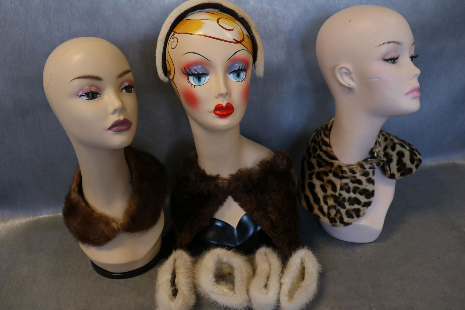 Lot of Vintage Fur Pieces: collars mink, leopard and unknown, head band by Madame Louise, and 4 white mink cuffs