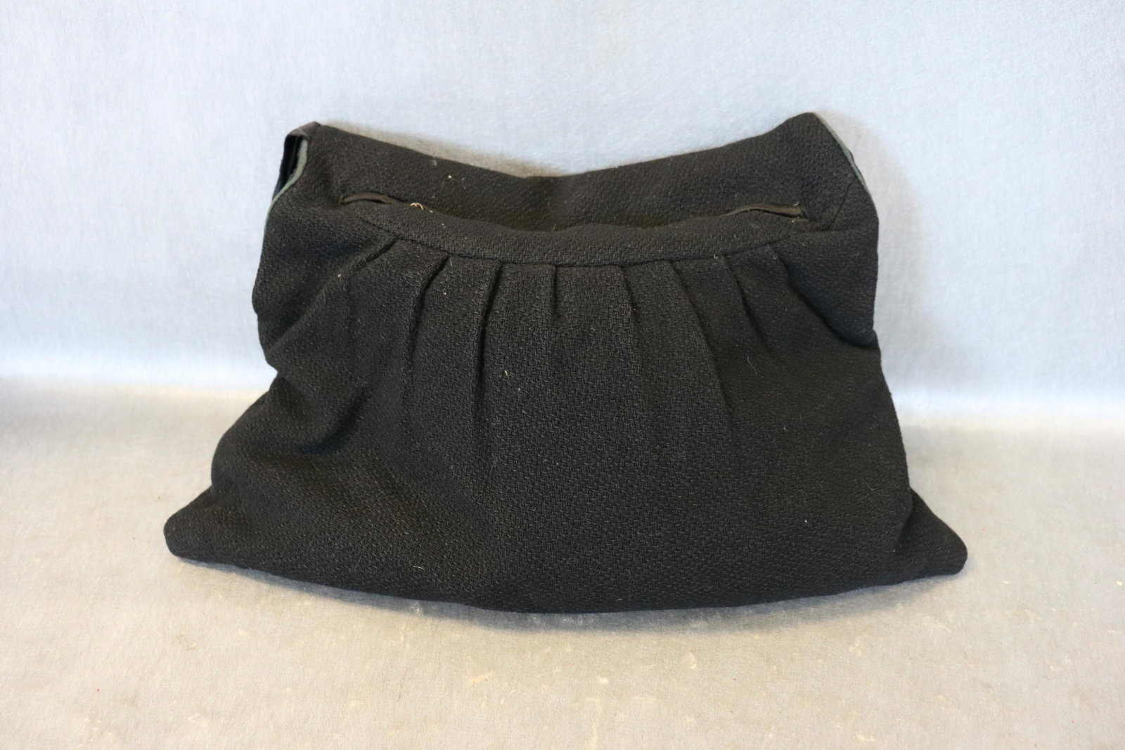 Vintage Black Wool Hand Warmer Muff & Purse: Zipper on one side, lined, mirror pocket inside (needs a few stitches), muff side is satin lined. Approx. 16x11".