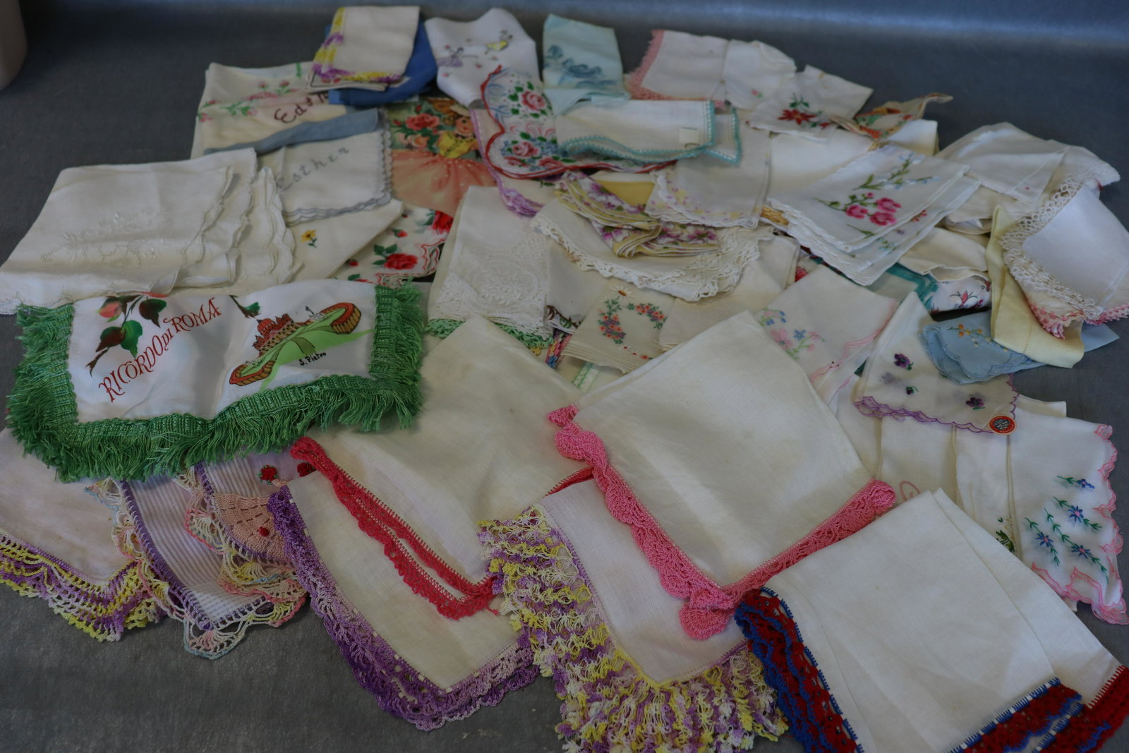 Large Lot of 72 Vintage Hankies: Embroidery, lace, printed, souvenirs, monogrammed, crochet work. Light soil on a few.