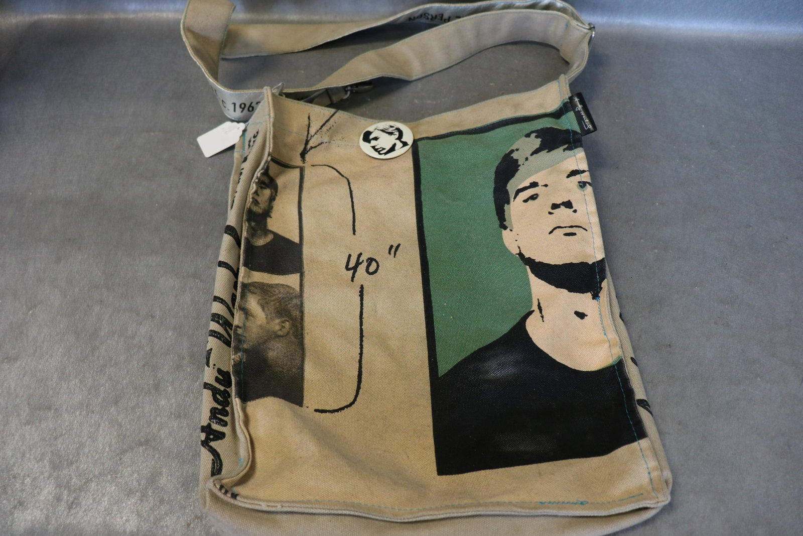 Vintage Andy Warhol Graphic Canvas Tote Bag: Includes Andy Warhol Pin. Tag reads, "Andy Warhol Foundation For The Visual Arts". Approx. 13" long, 17" tall, 3" deep. Light soil.