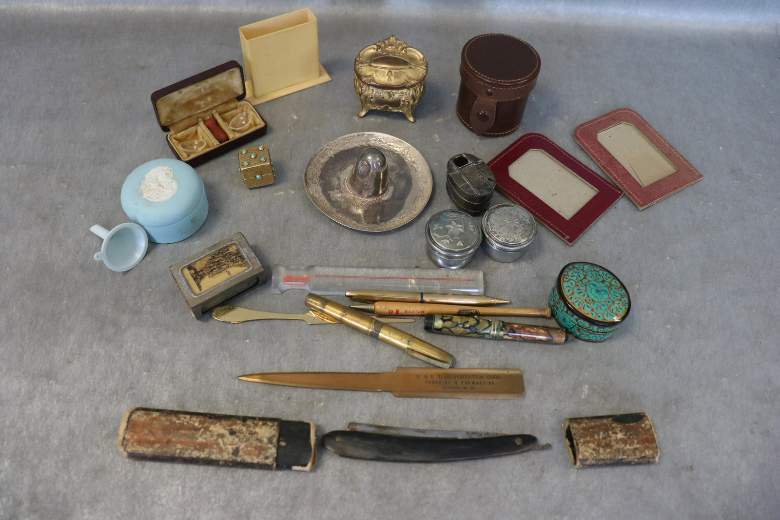 Lot Vintage Pill Boxes, Pens, Frames: Boston Red Sock mechanical pencil, letter openers, contact lenses in case, more. One wash-tub shaped ink well is marked Sterling.
