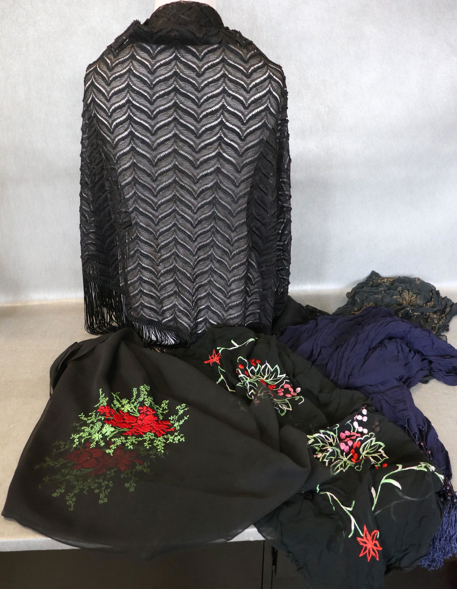 Lot Of 6 Vintage Scarves, Wraps, Shawls: Great selection of beaded, embroidered, printed and lace wraps. The red & green embroidered piece appears to be a panel with cuts, edges need to be finished