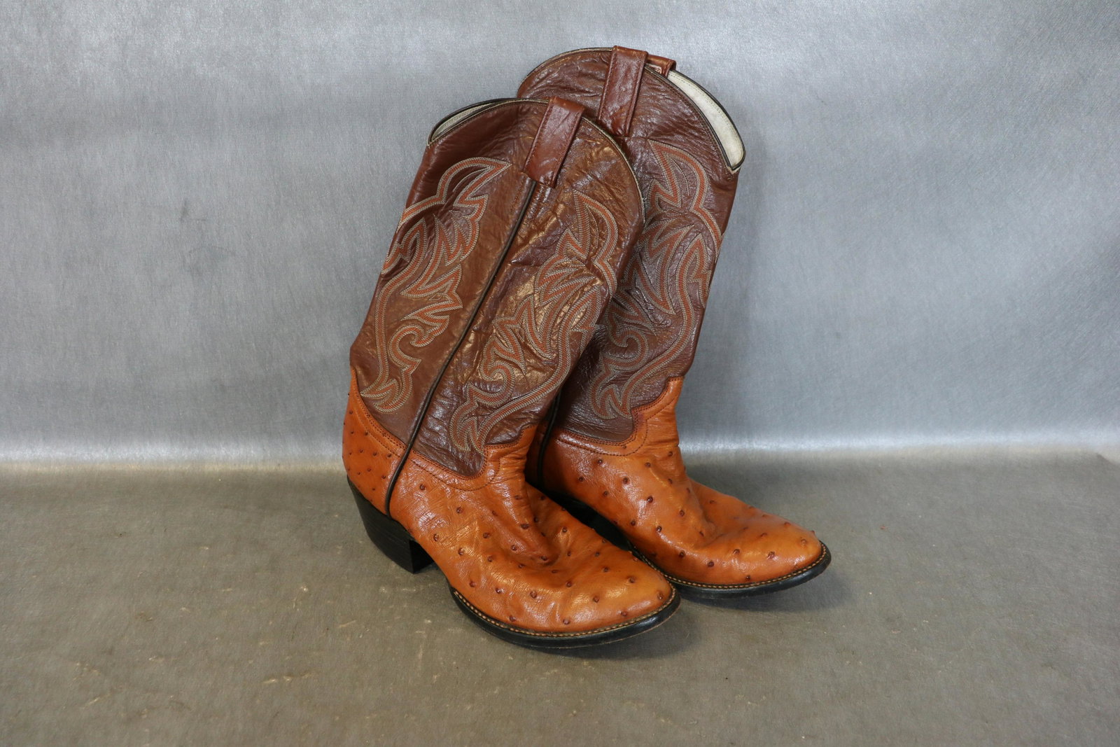 Hand Made In Mexico Cowtown Leather Boots: Believed to be ostrich with embroidered leather uppers. Labeled 7 1/2, approx. 1 1/2" heel, very little wear.