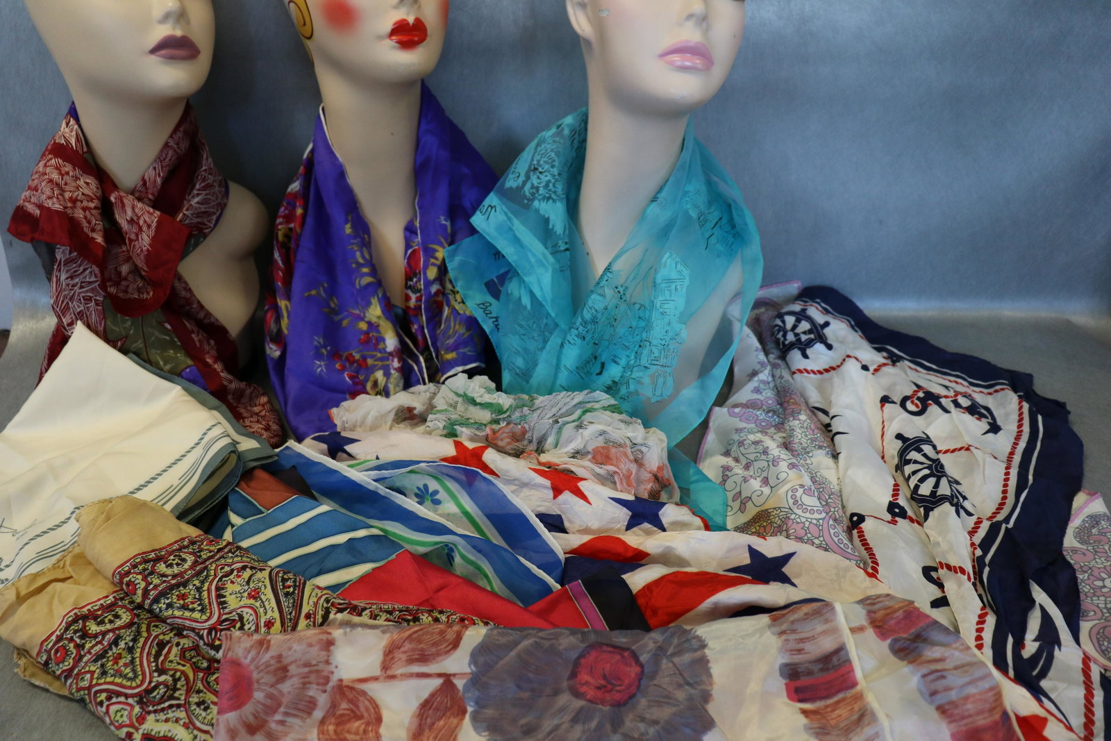 Lot Of 12 Vintage Silk Scarves: Many with hand rolled edges, mostly silk. Incudes one silk Vera, Ceggali boaters scarf, patriotic scarf, London scarf, abstract, floral, Light soil on purple scarf.