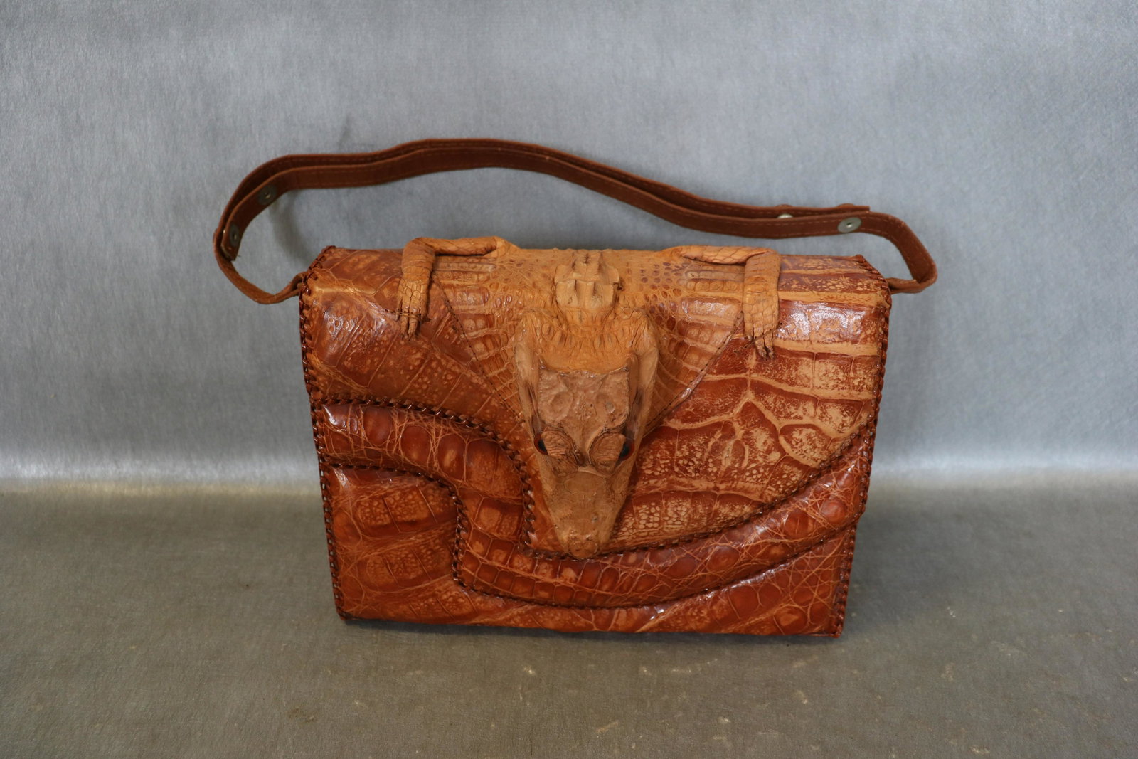 Vintage Full Body Alligator Handbag, Purse: Made in Cuba, approx. 10" long, 7 1/2" tall, 3" deep, two compartments in front, adjustable straps, Very little wear, a few creases on strap from handling.