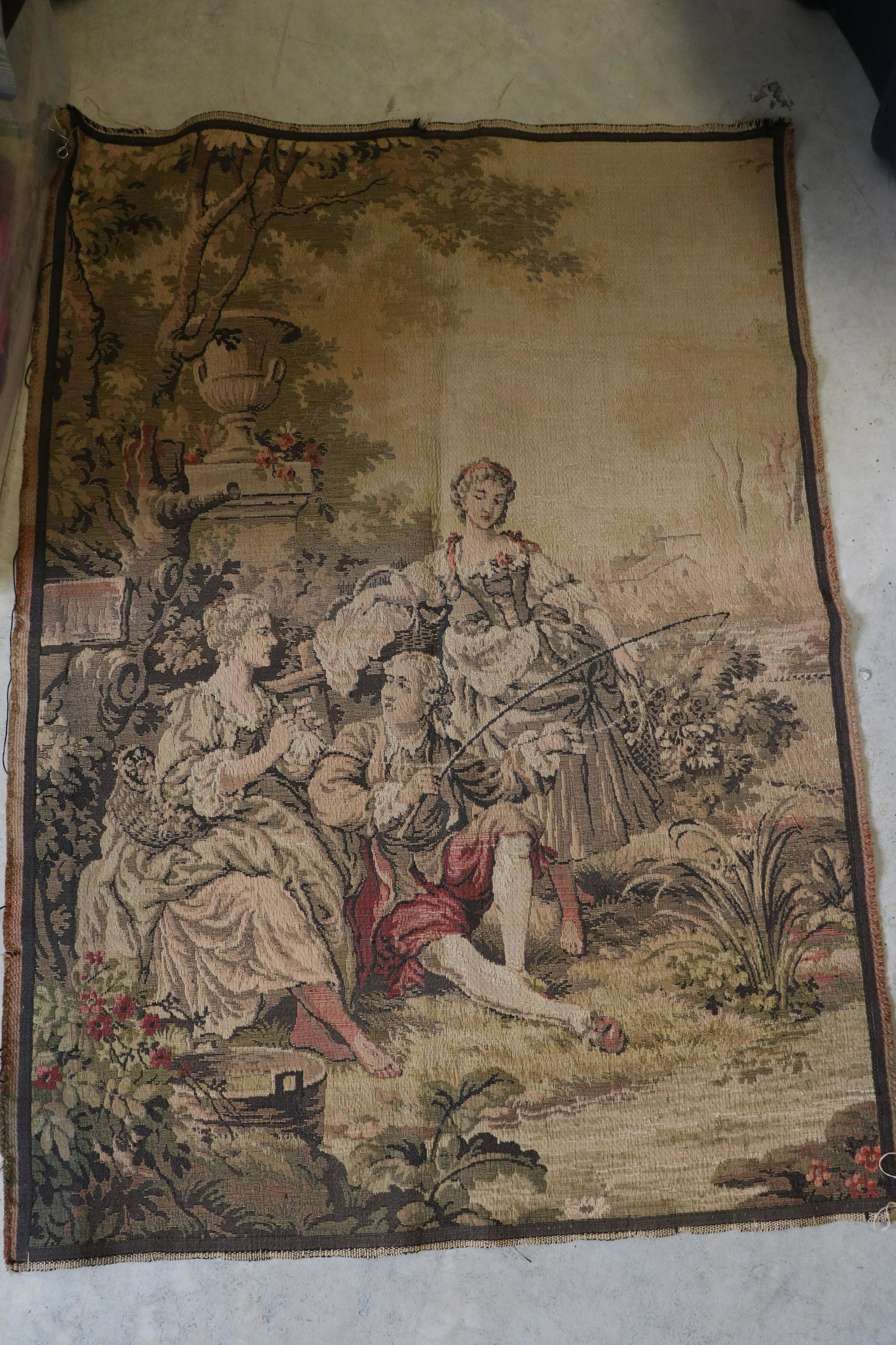 Antique Victorian Tapestry, Belgium: Features classical romantic scene by the river. Approx. 28x40", very good condition.