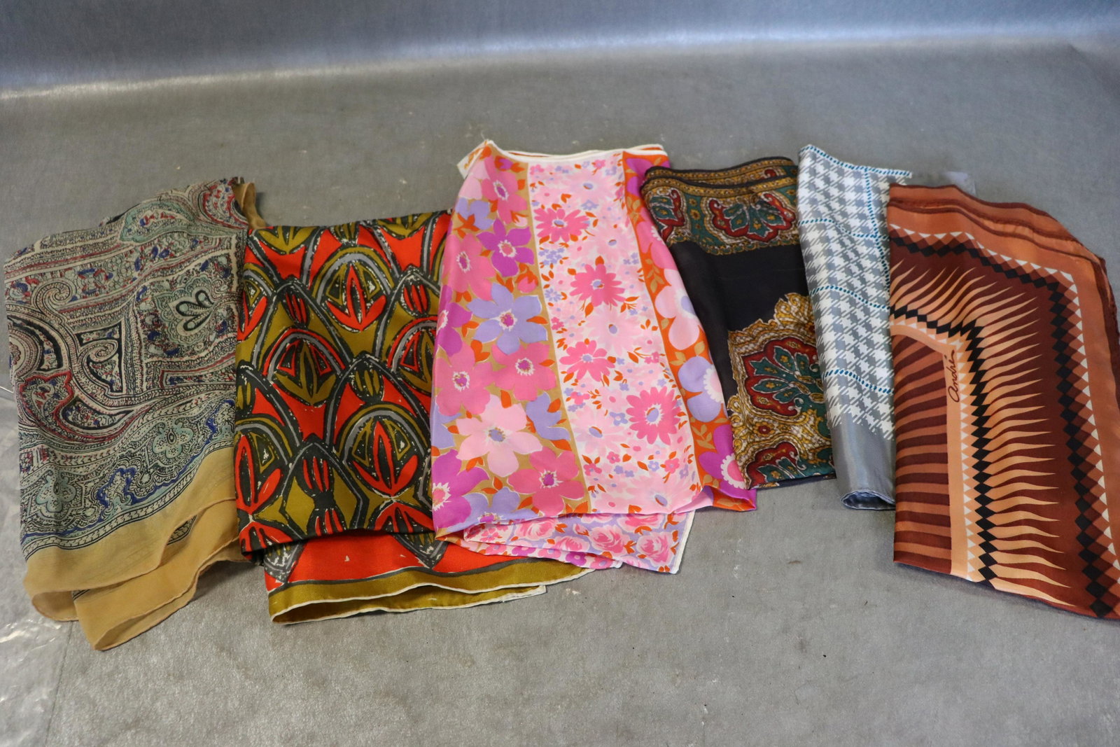 Lot Of 6 Vintage Silk Scarves: Includes one Vera, most have hand rolled edges. Very good condition.