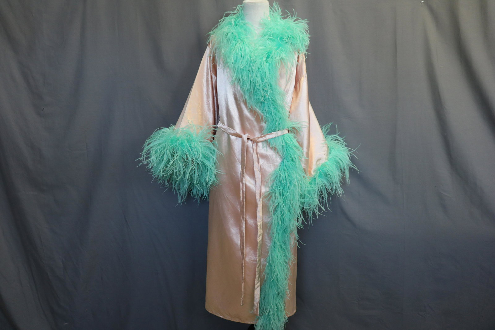 1930's Vintage Pink Satin Robe with Feather Trim (1 of 7)