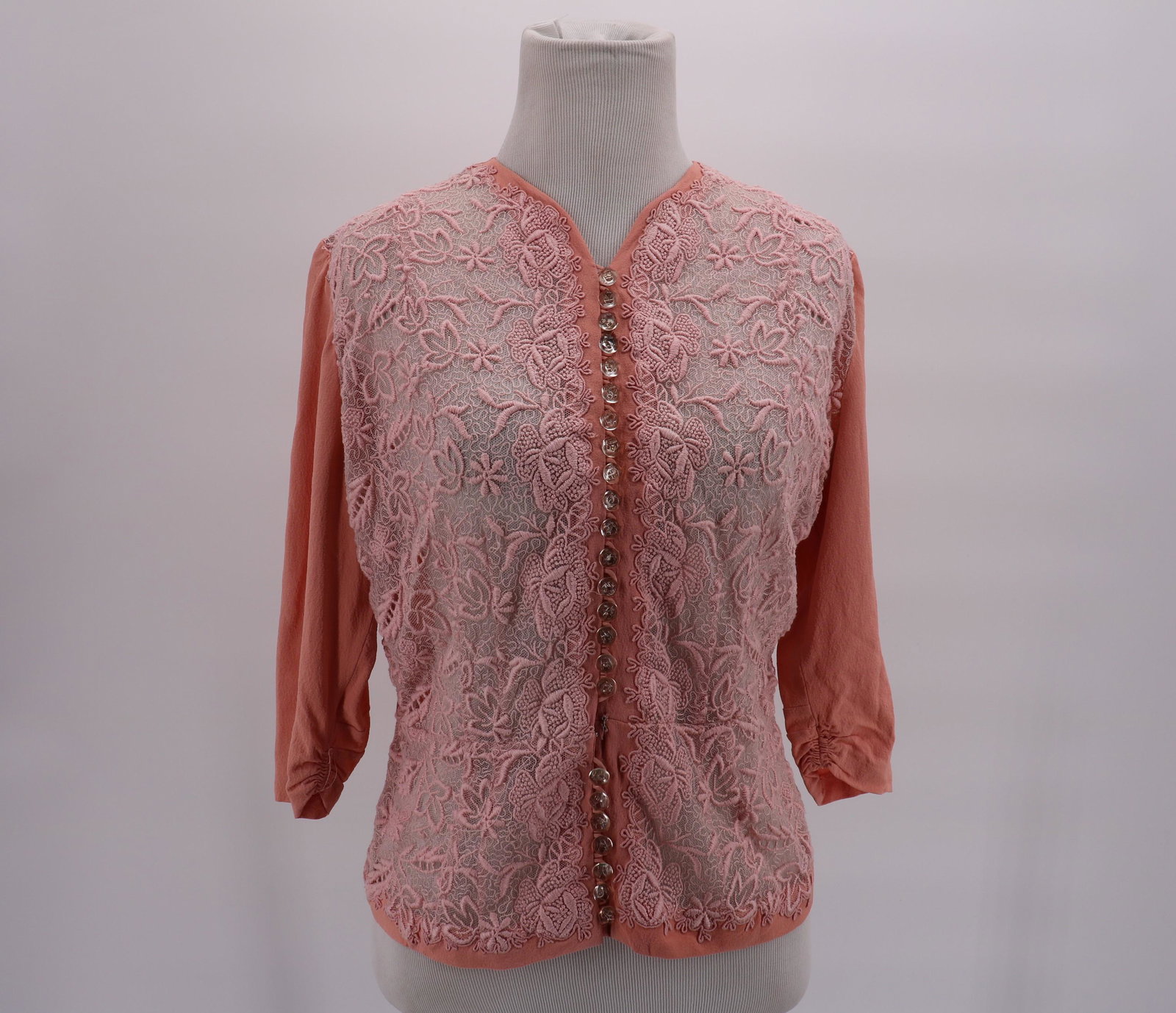 Vintage 1940's Salmon Crepe Blouse with Lace (1 of 6)