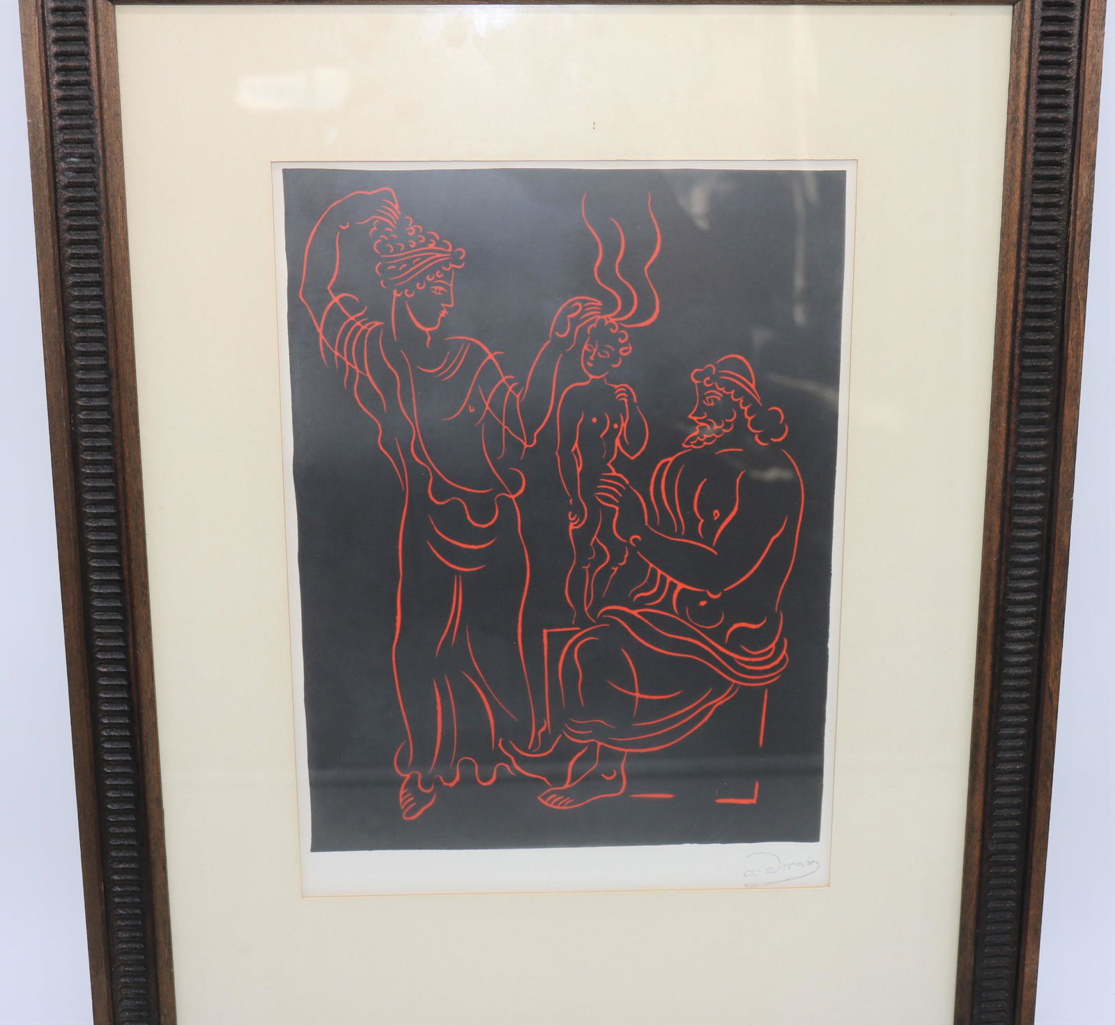L'Enfant by Andre Derain, The Child: 2 color original wood cut engraving, with certificate and seal, approx. 16 x 20 inches in frame