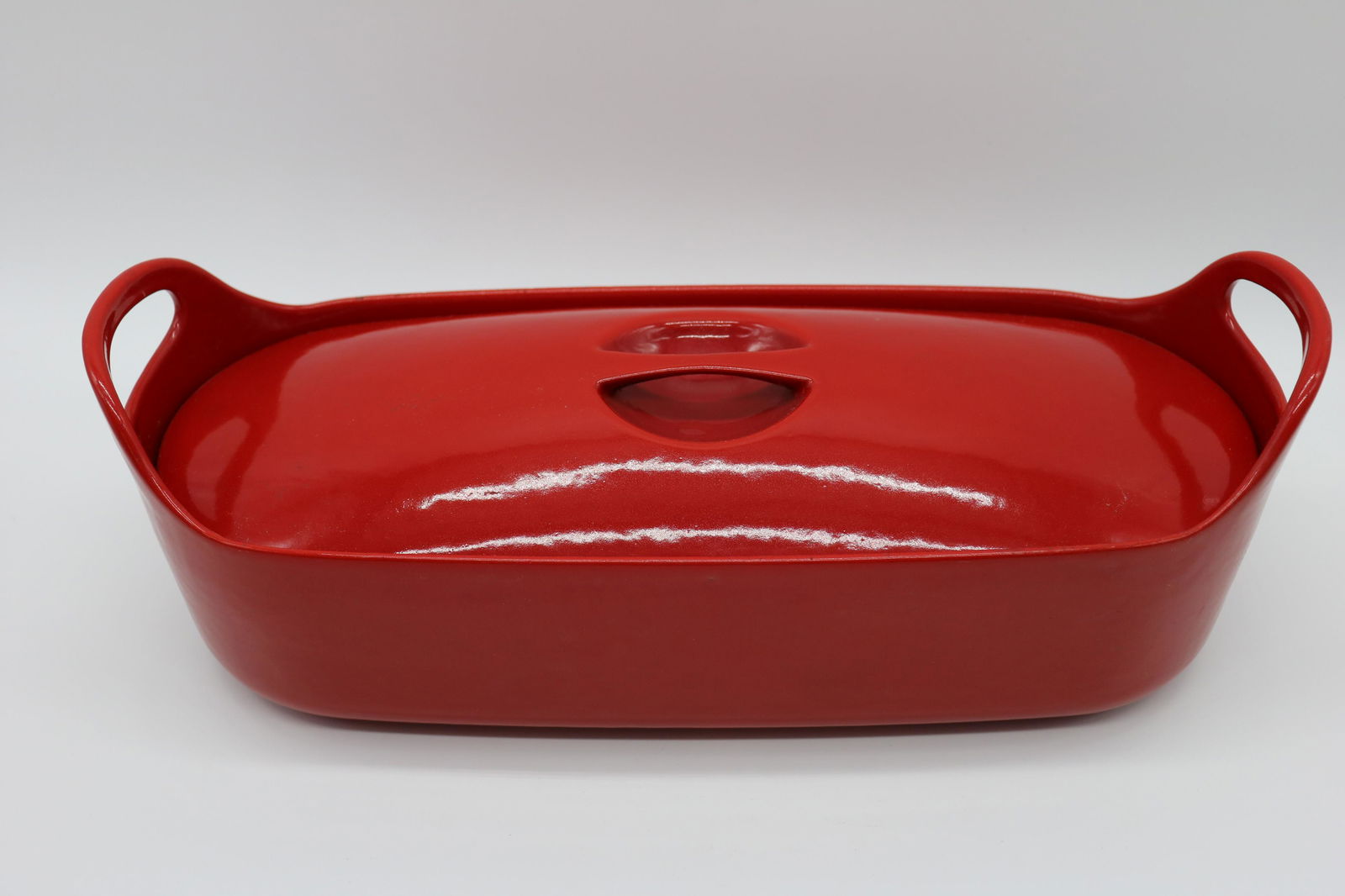 Timo Sarpaneva Cast Iron Enamel Casserole, approx.: c.1960, double handled oval casserole with lid, approx. 6" wide, 15" long
