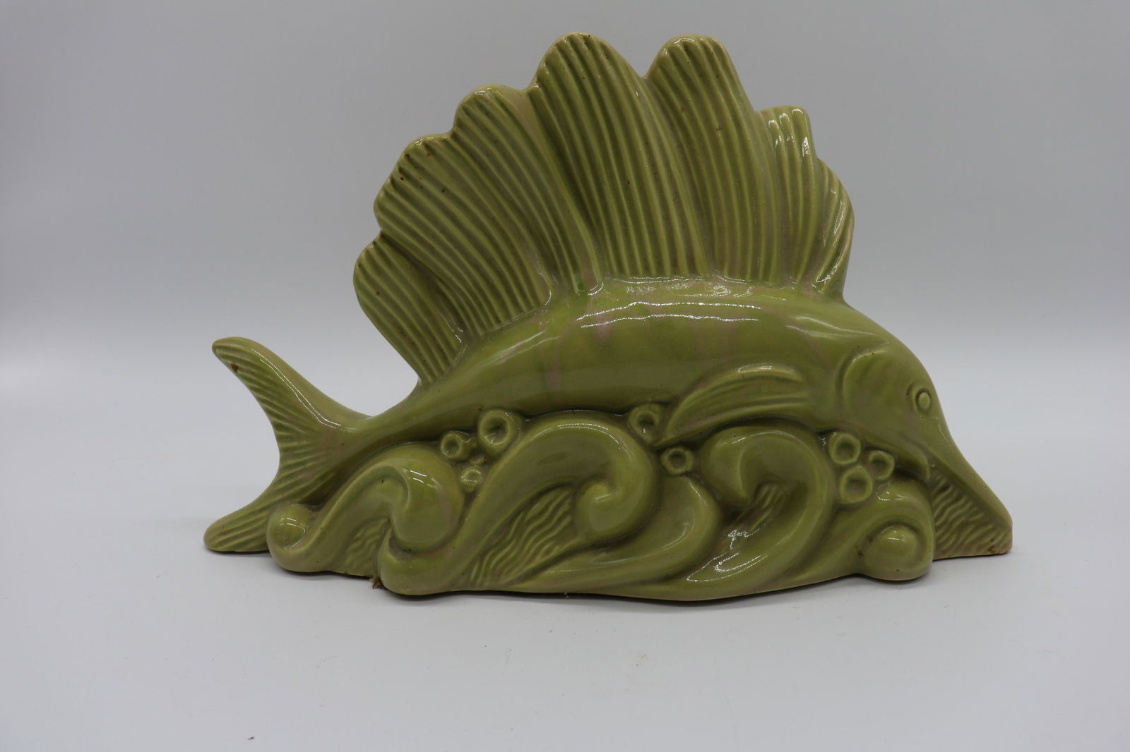 Sail Fish Pottery T.V. Lamp: green glaze pottery circa 1950's, approx.