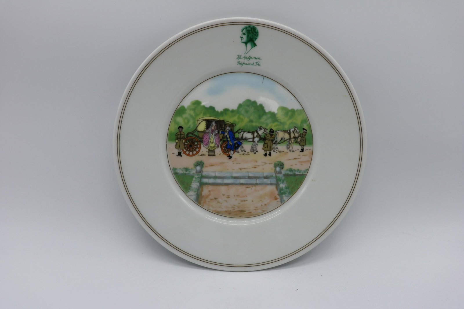 Antique Bauscher & Weider German Plate: made for Jefferson Hotel Richmond VA, Victorian stage coach scene, approx. 10 1/4" across.