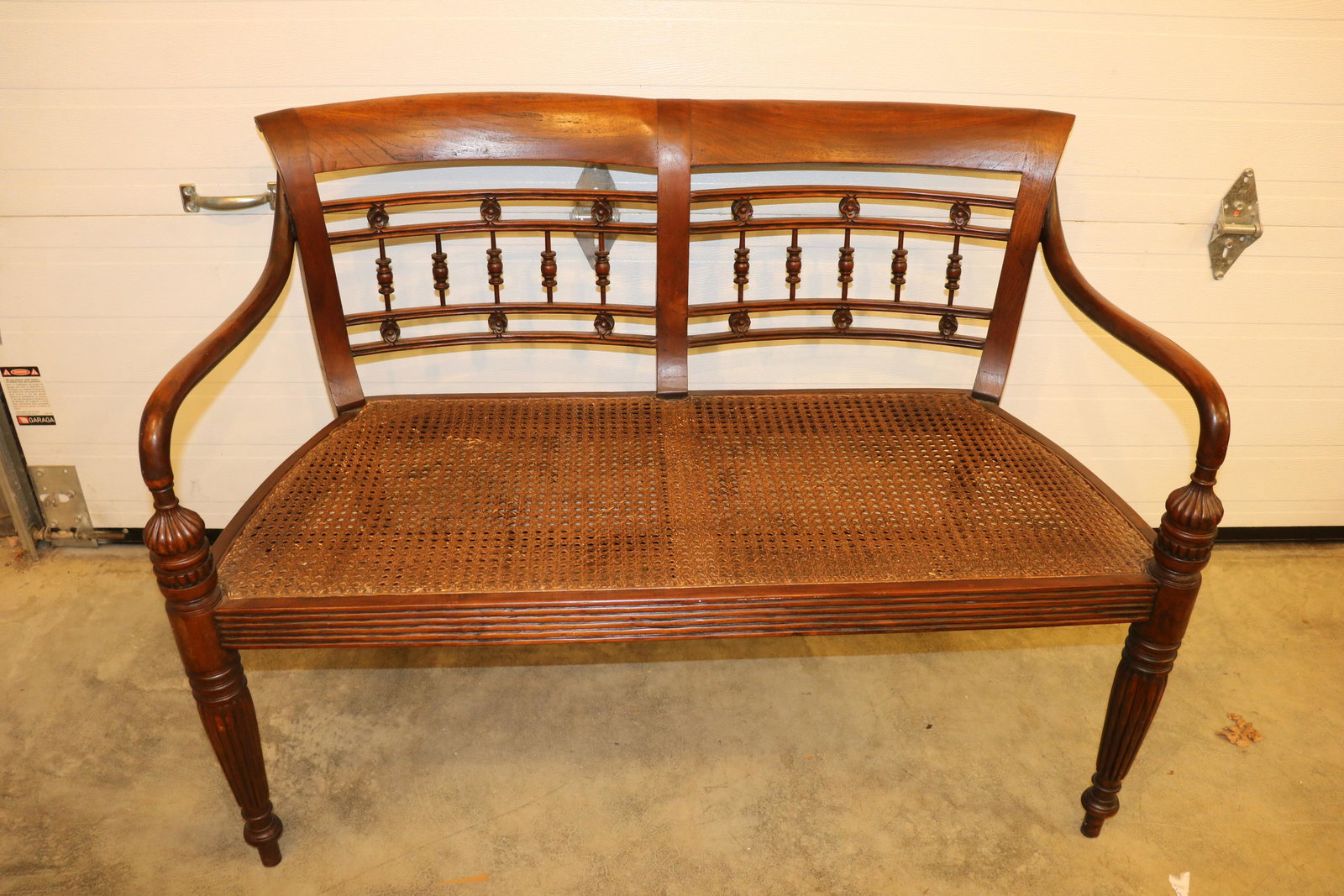 Early Antique Settee, Caned Seat & Silk Cushion: great condition, great unusual design at arms, silk cushion made to fit and in super condition