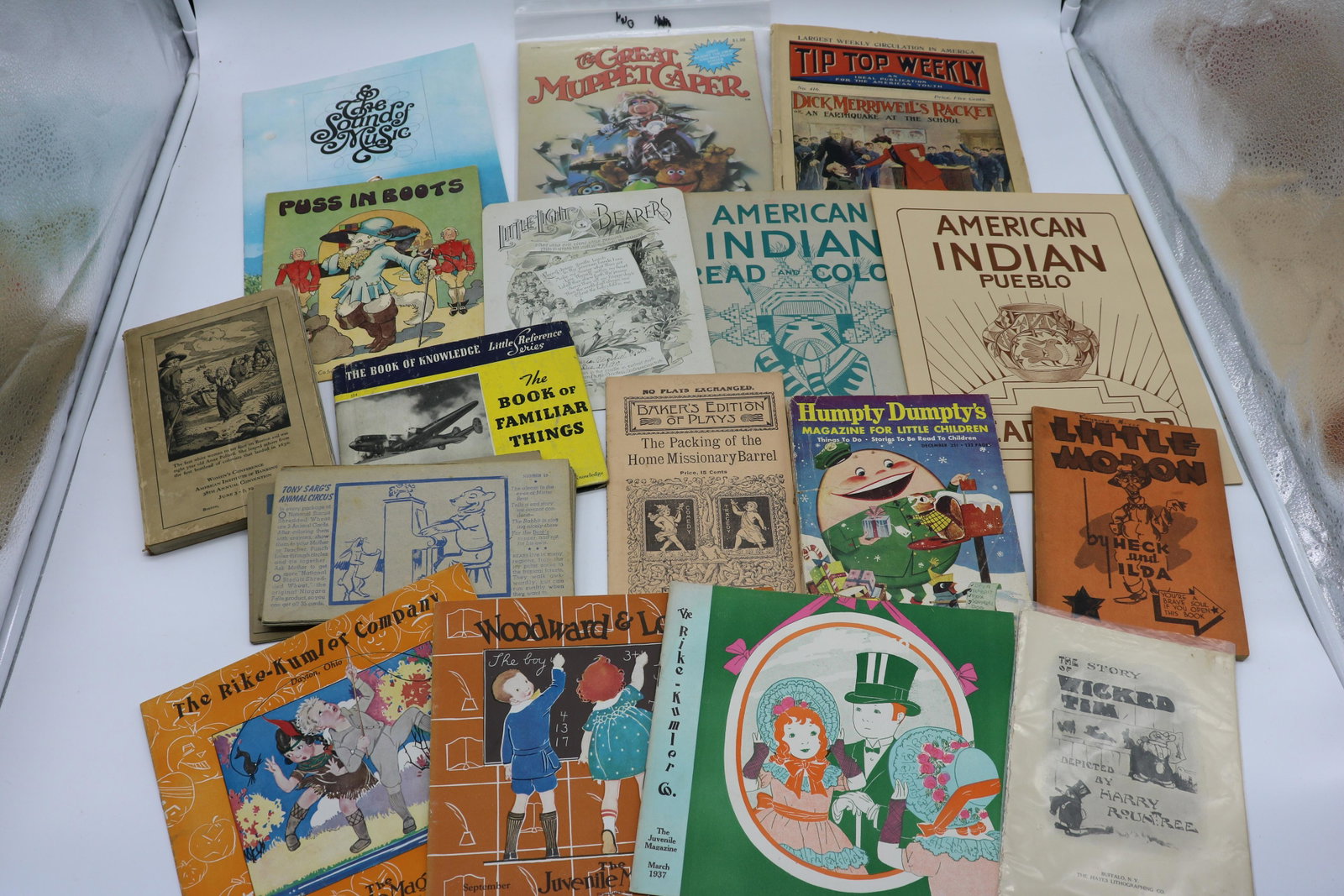 Lot Antique & Vintage Ephemera, Children's Material: Includes Puss In Boots, Little Moron, The Juvenile Magazine, 1904 Tip Top Weekly, Children's activity cards, more.