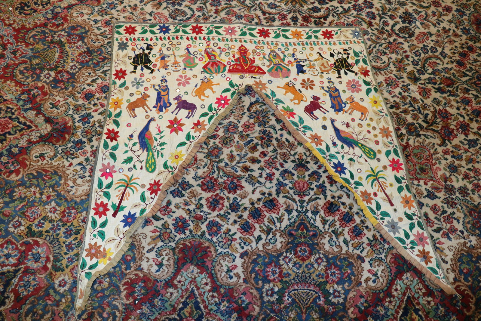 Vintage 'Toran' Gate Valance, Embroidery Mirrors: All hand embroidered. Three loops for hanging at top, approx. 39" across, 41" long. Backing is pieced. Some fading on the ruffles.