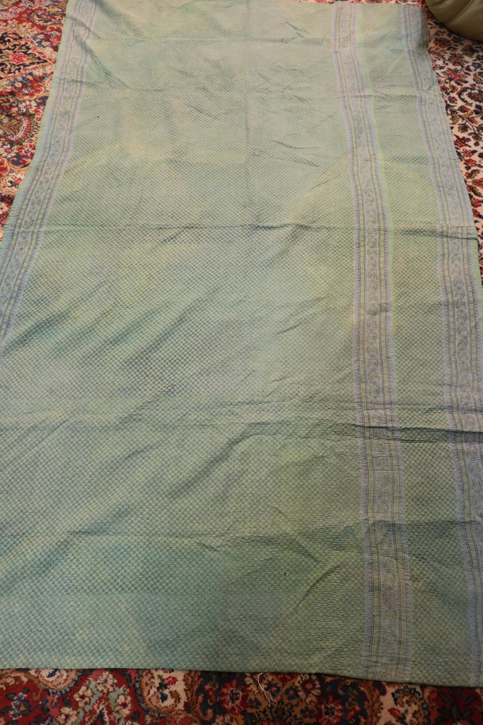 Vintage Indian Hand Quilted Green & Purple Quilt: Lots of hand stitching, measures approx. 86x51, cotton.