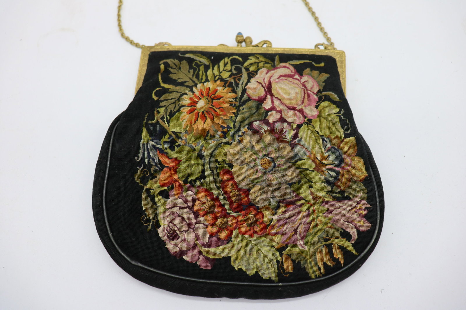 Antique Petit Point Purse, Jeweled Frame: With matching mirror, change purse, jeweled frame, approx. 7 1/2" across.