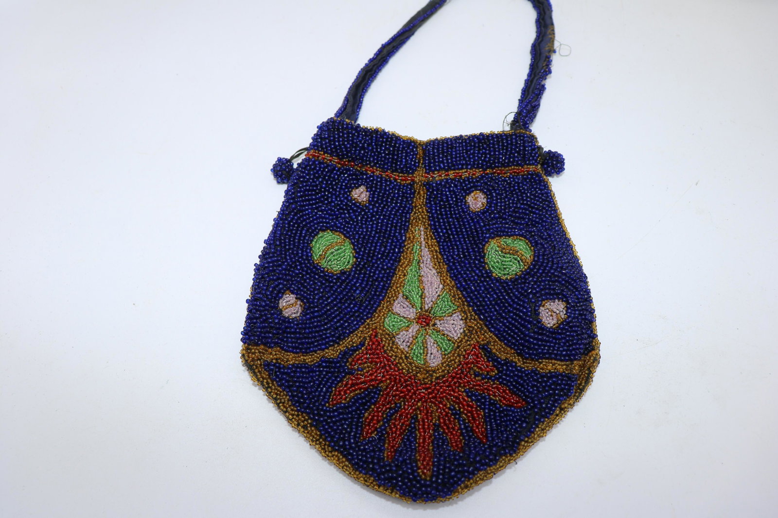 Antique Beaded Draw String Purse: original mirror still in good condition, some bead lose on handle otherwise great condition
