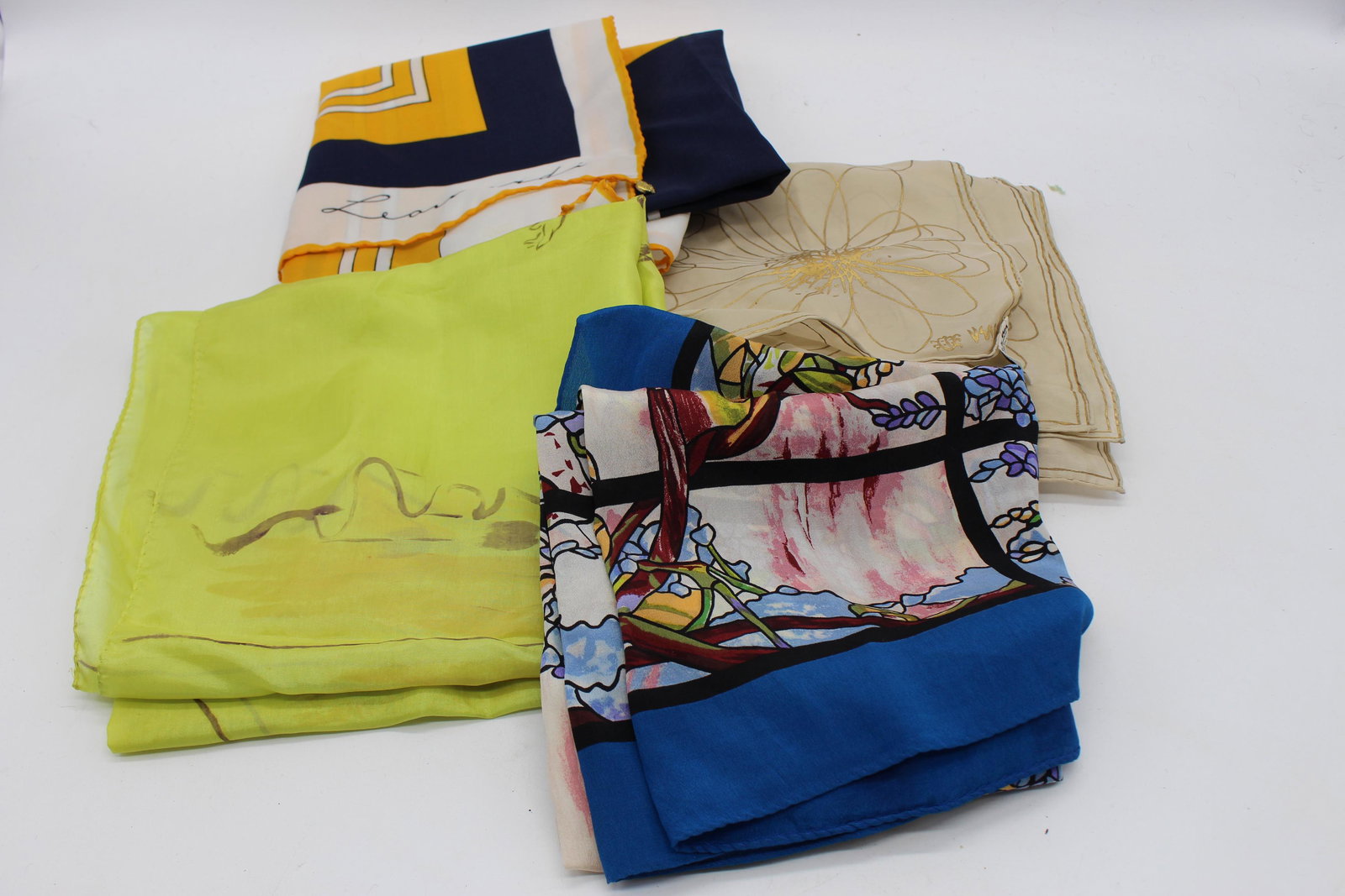 Lot of 5 Vintage 1960's Scarves, Includes Vera: Hand rolled edges, Includes silk tan Vera, Striped poly Leonardi, green silk signed HPS, silk stained glass scarf.