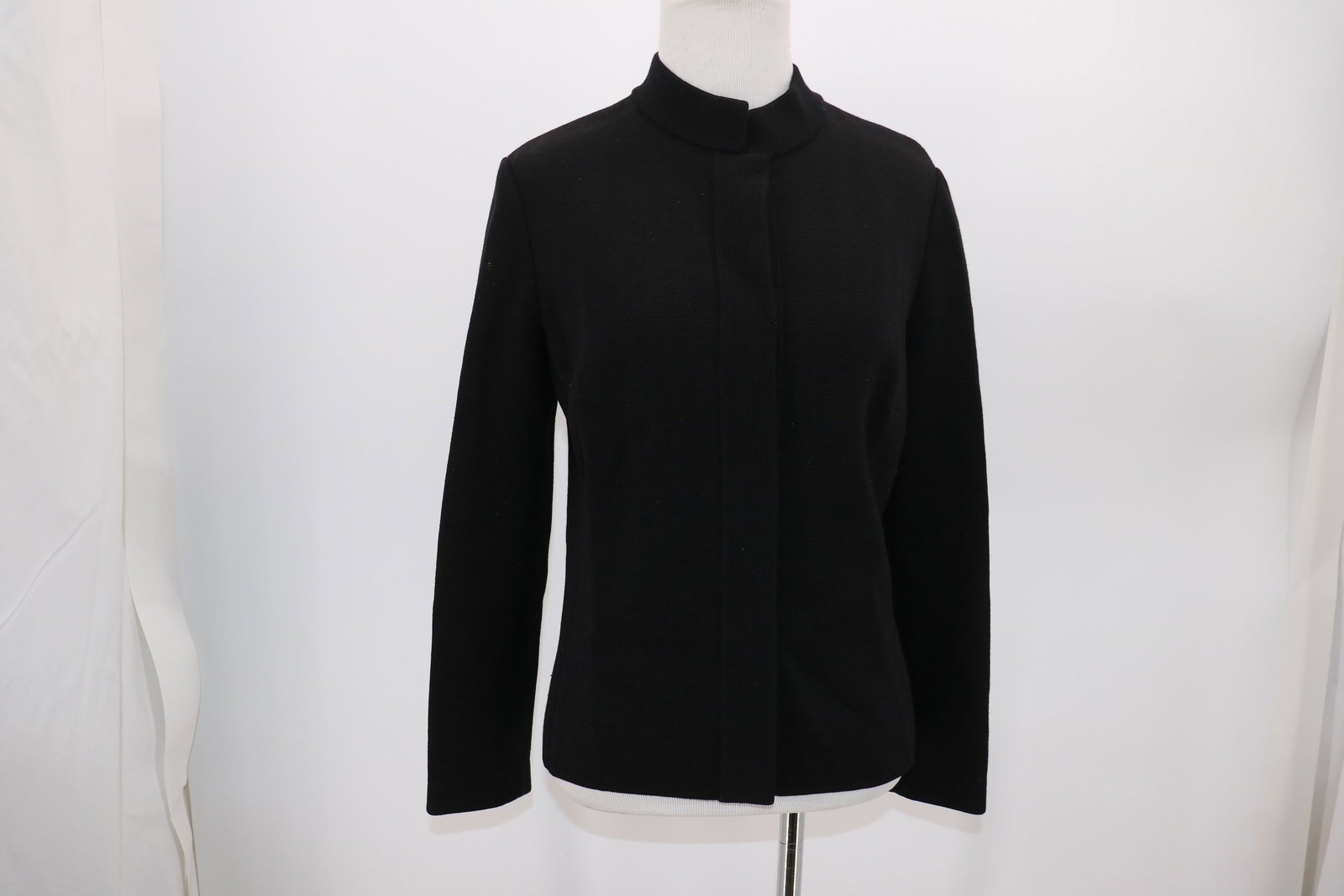 Vintage Black Wool Cardigan Sweater: Size 12, Made For Bergdorf Goodman in Italy. Snaps in front.