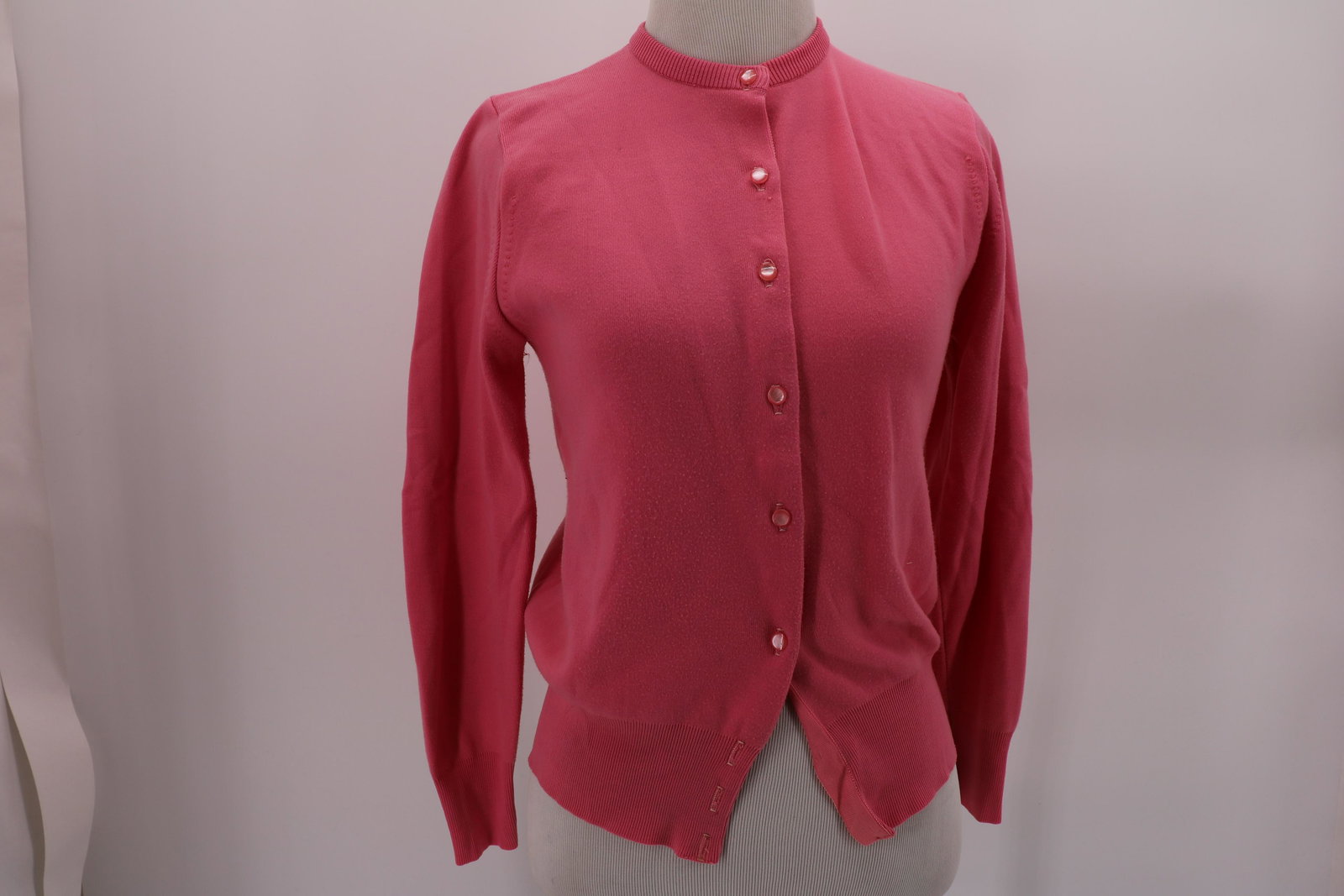Vintage Pink Cotton Knit Cardigan: Approx. 34 bust, 20 long, missing bottom three buttons.