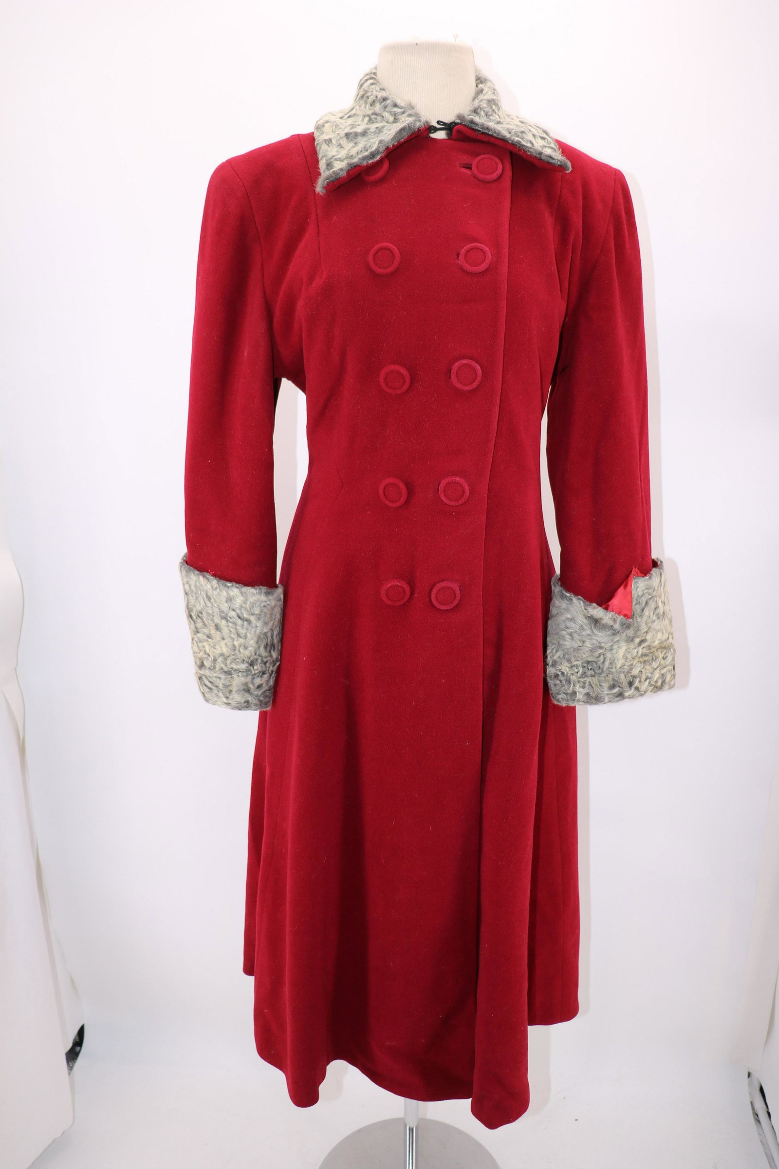 Vintage 1940's Wilson's Red Coat With Persian Lamb Fur: Fur at collar, cuffs, satin lined, shoulder pads, large covered hook & loop at front neck, approx. 36 bust, 47 long.