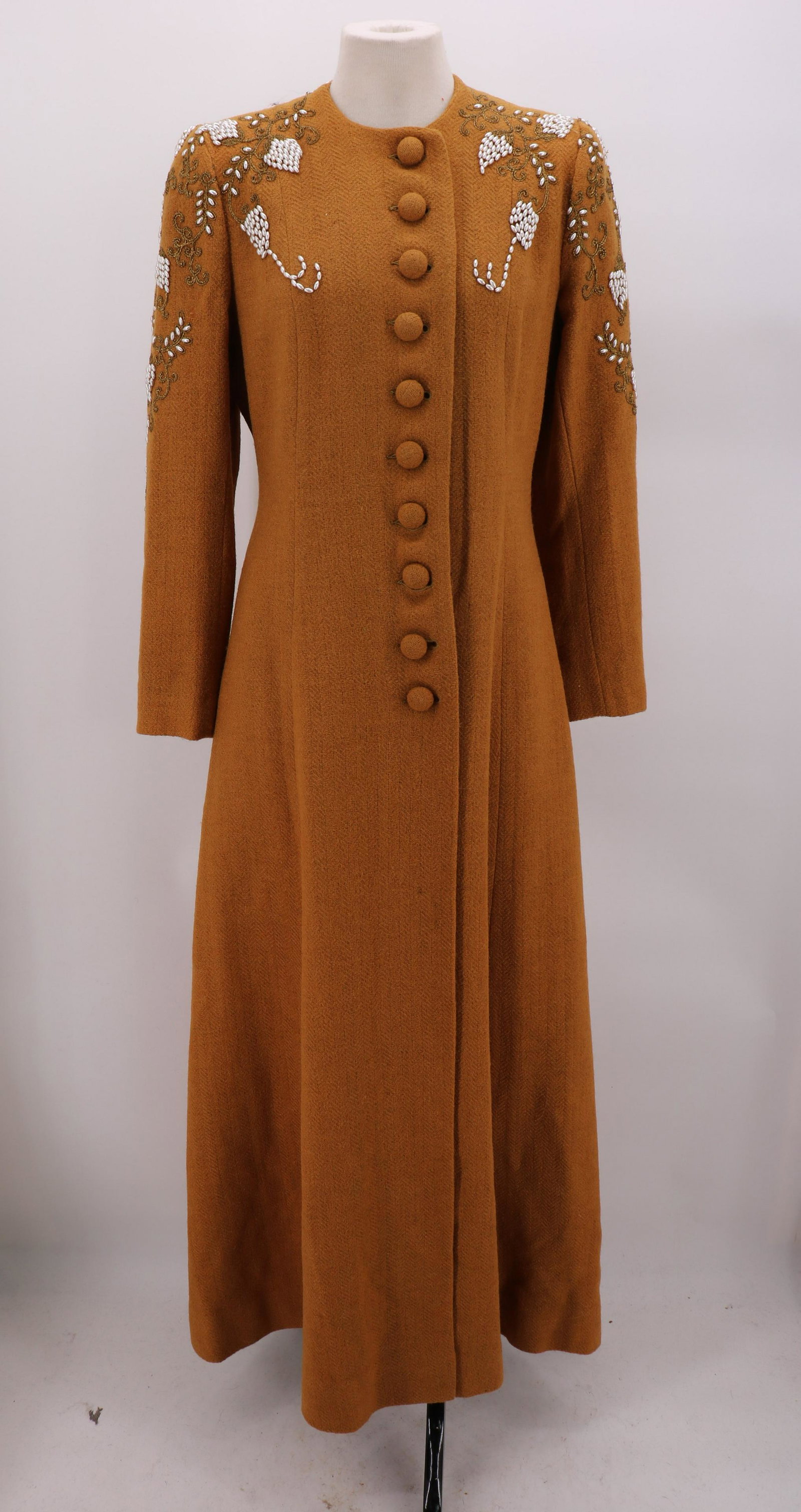 Vintage 1940's Schiaparelli Style Gold Wool Opera Coat: Full length gold wool with long sleeves and button front with stunning white and gold metallic detail, fully lined, very minor damage see photo's, great piece, approx. 38 bust, 31 waist
