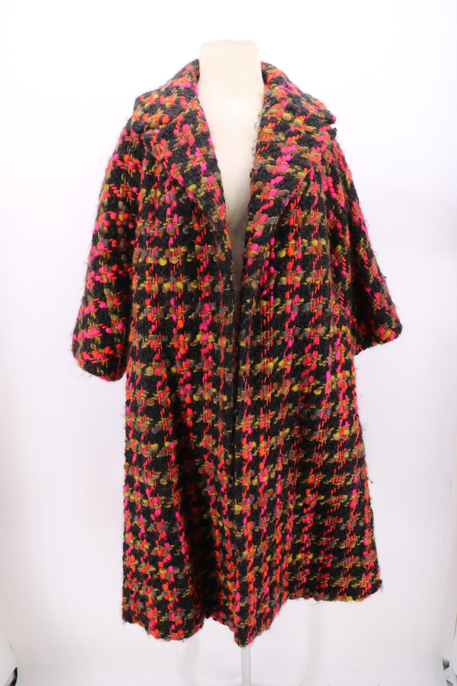 1940's Wool Woven Clutch Coat, Lilli Ann: woven black with pink, orange, green and grey wool, large convertible collar, open clutch front, large bell 1/2 sleeves, front side pockets, fully lined in black, (lining has some damage), approx. 42
