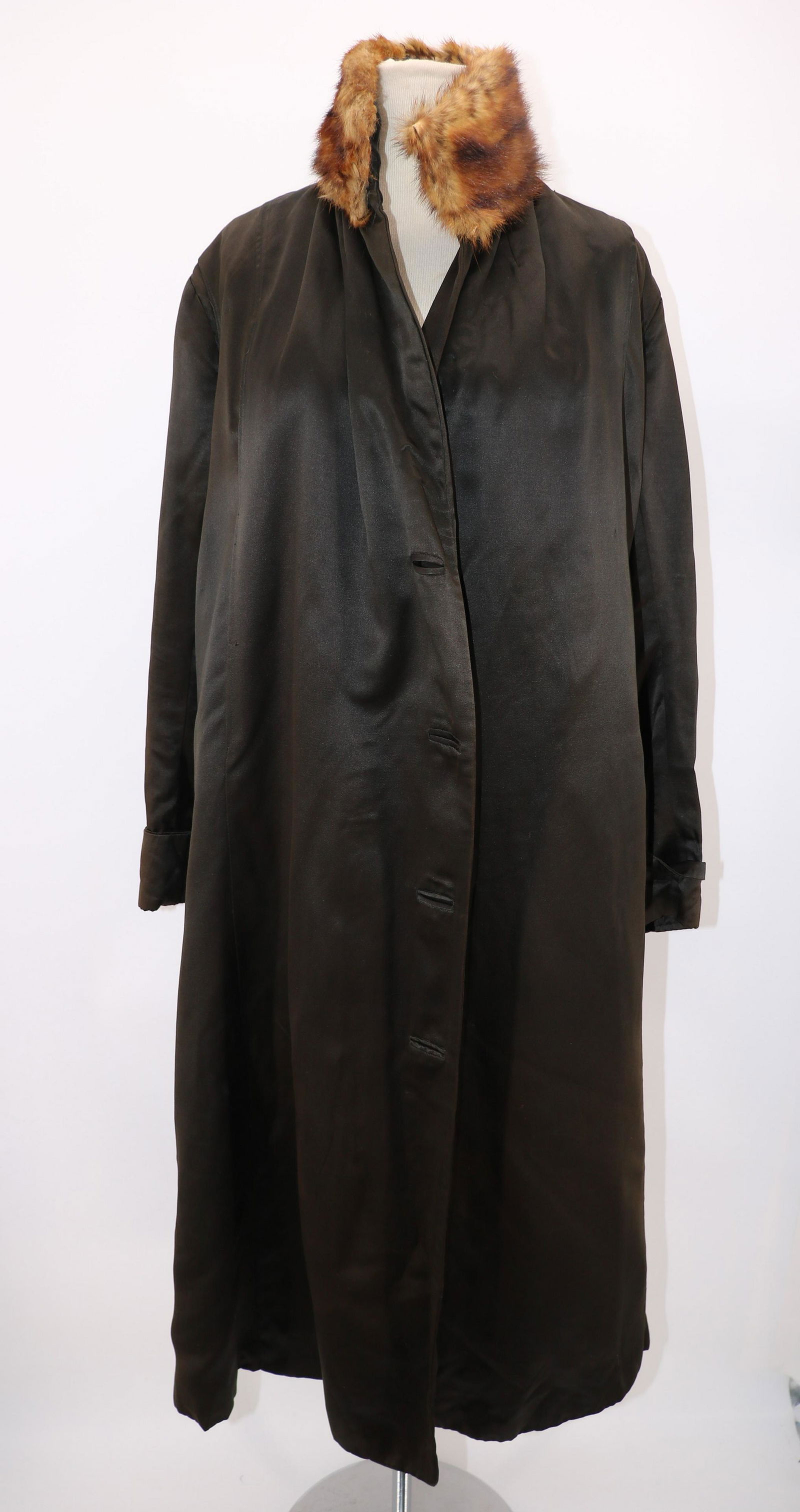 Victorian Satin & Fox Fur Coat: fox fur collar, long cuffed sleeves, button front, missing buttons, beautiful silk lining, hidden inside pocket, needs seam repair, unique seaming in back, line discoloration on back and collar worn,