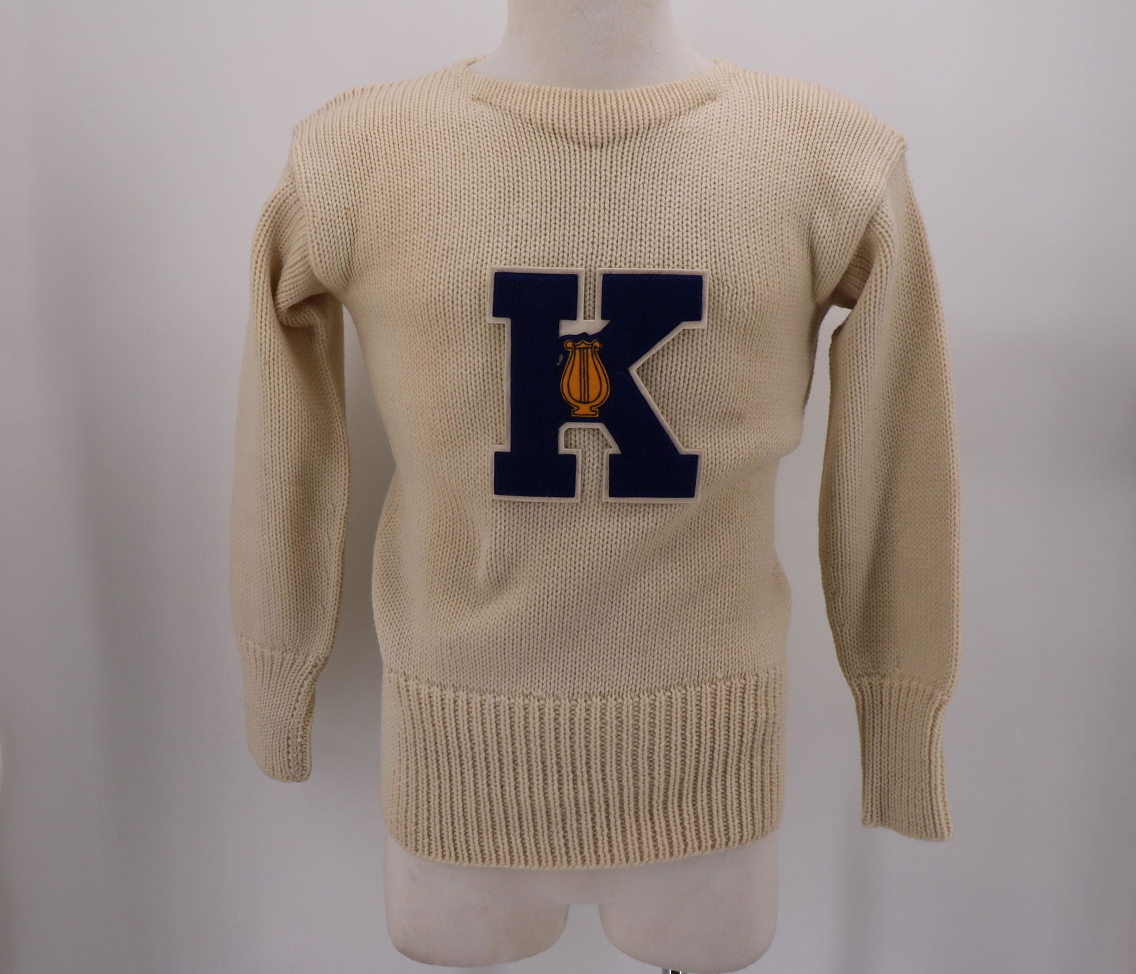 Men's 1930's College Letter Sweat, Princeton Sportswear: Wool knit, rounded neckline, extra long rib knit at cuffs & waist, approx. 38 chest, some very small soil spots on front.