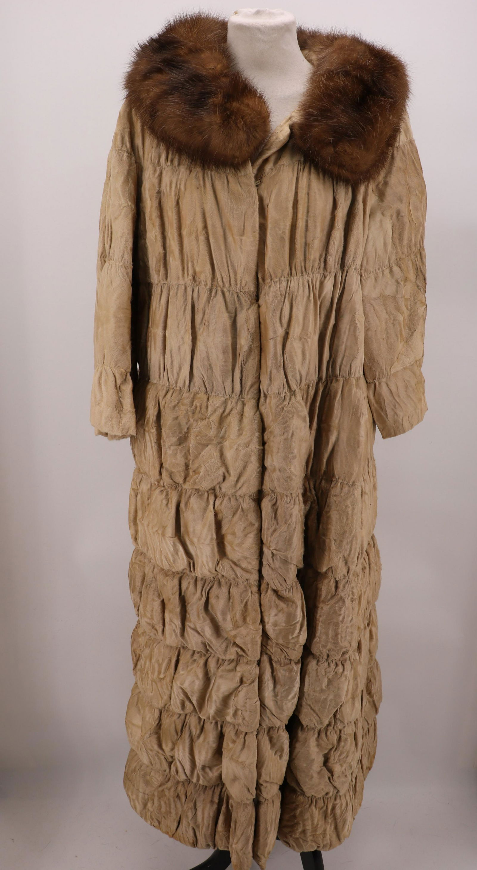 1950's Sheared Fur & Mink Opera Coat: very fine sheared fur of unknown origin, elbow length sleeves, eye hook front closure, full length tuffed coat, approx. 42 bust, 44 waist, shoulder damage see photo