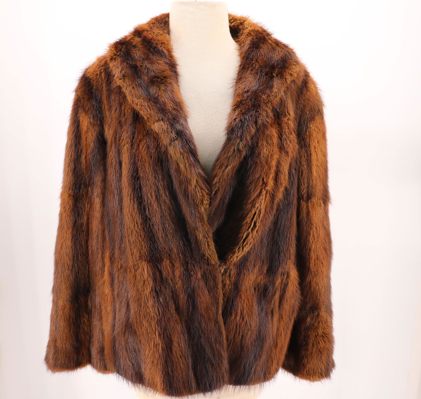 Vintage 1950's G. Fox & Co. Mink Short Jacket: dark brown mink, shawl collar, long wide sleeves, comes to top of thigh, eye hook closure, fully lined, needs under arm repair on right, approx. 40 bust