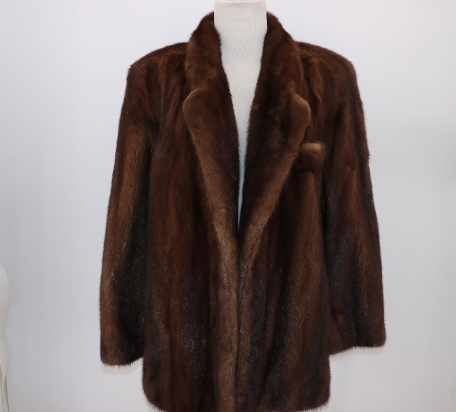 Vintage Brown Mink Coat, Circa 1950's: rolled collar, shoulder pads, faux chest pocket, lower seam slit pockets, fully lined, eye hook closure but missing loops, needs small repair under left arm see photo's, approx. 40 bust