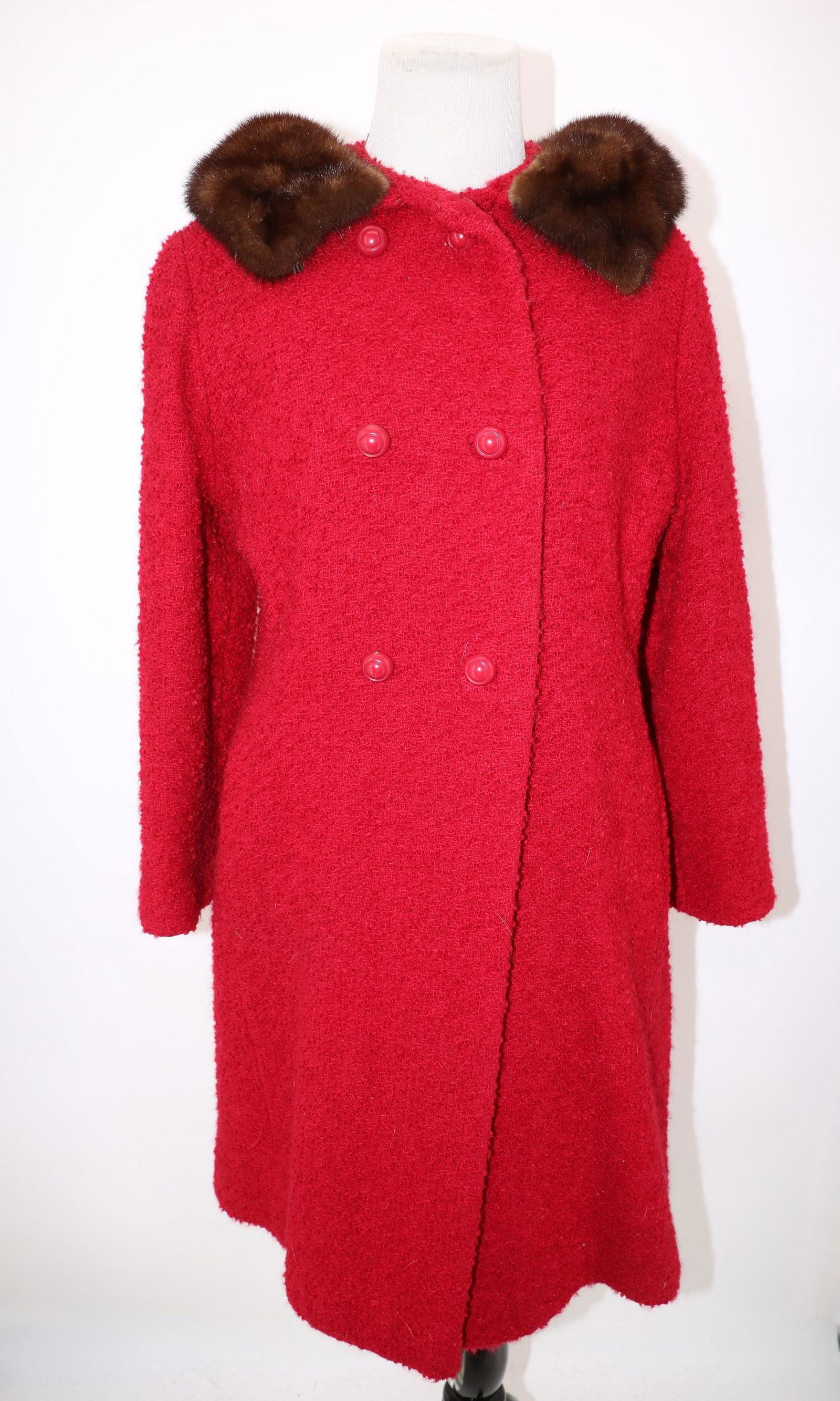 1960's Red Wool & Mink Coat, Aliber's: red tweed wool, double breasted front with mink collar, side slit pockets, button belted back, fully lined, approx. 38 bust, 36 waist