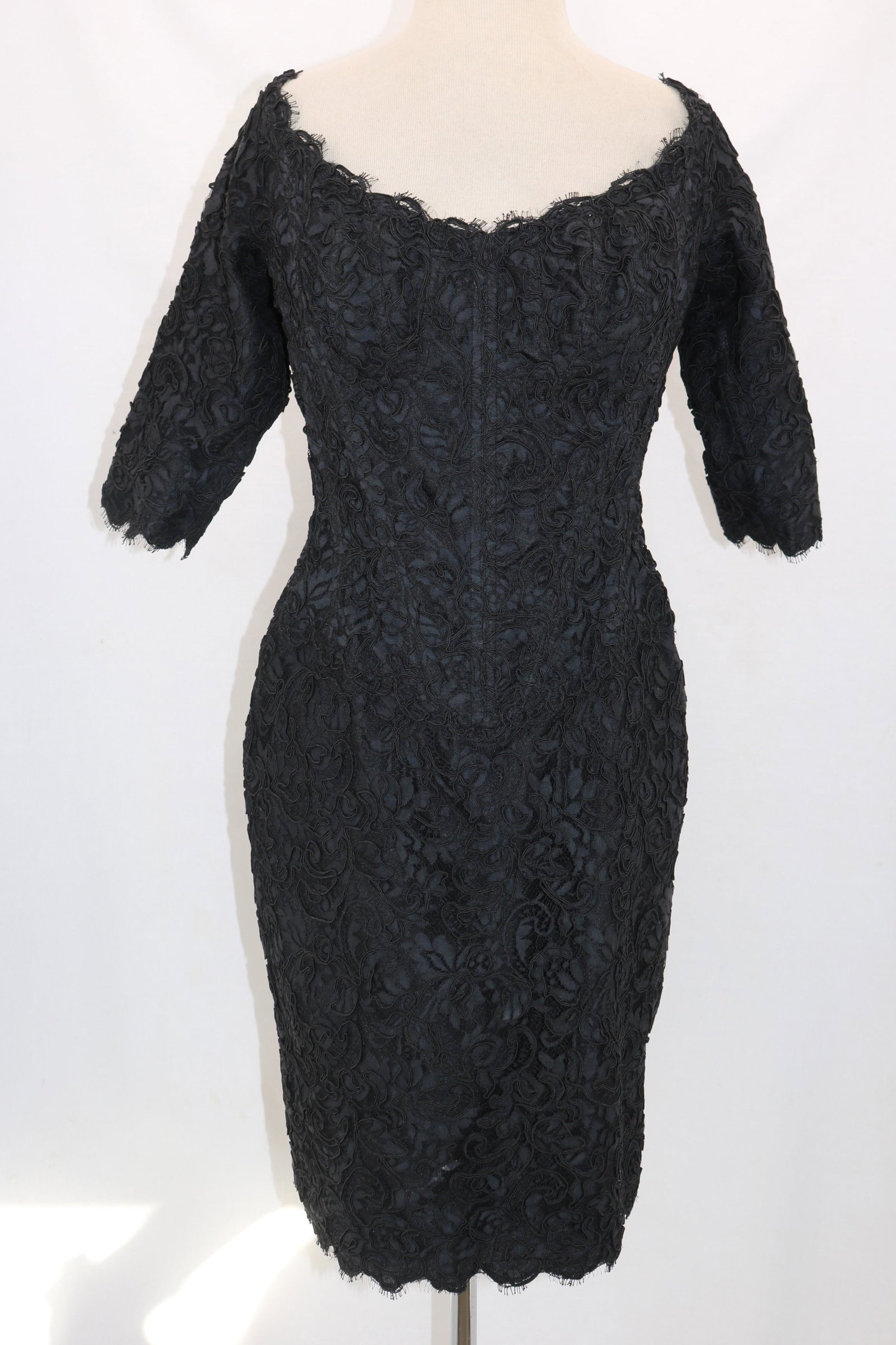 Vintage "Vicky Tiel" Black Lace Off-The Shoulder: Fully boned bodice, lined, Approx. 32 bust, 28 waist. Made from rayon & nylon fabric. Light underarm soil.