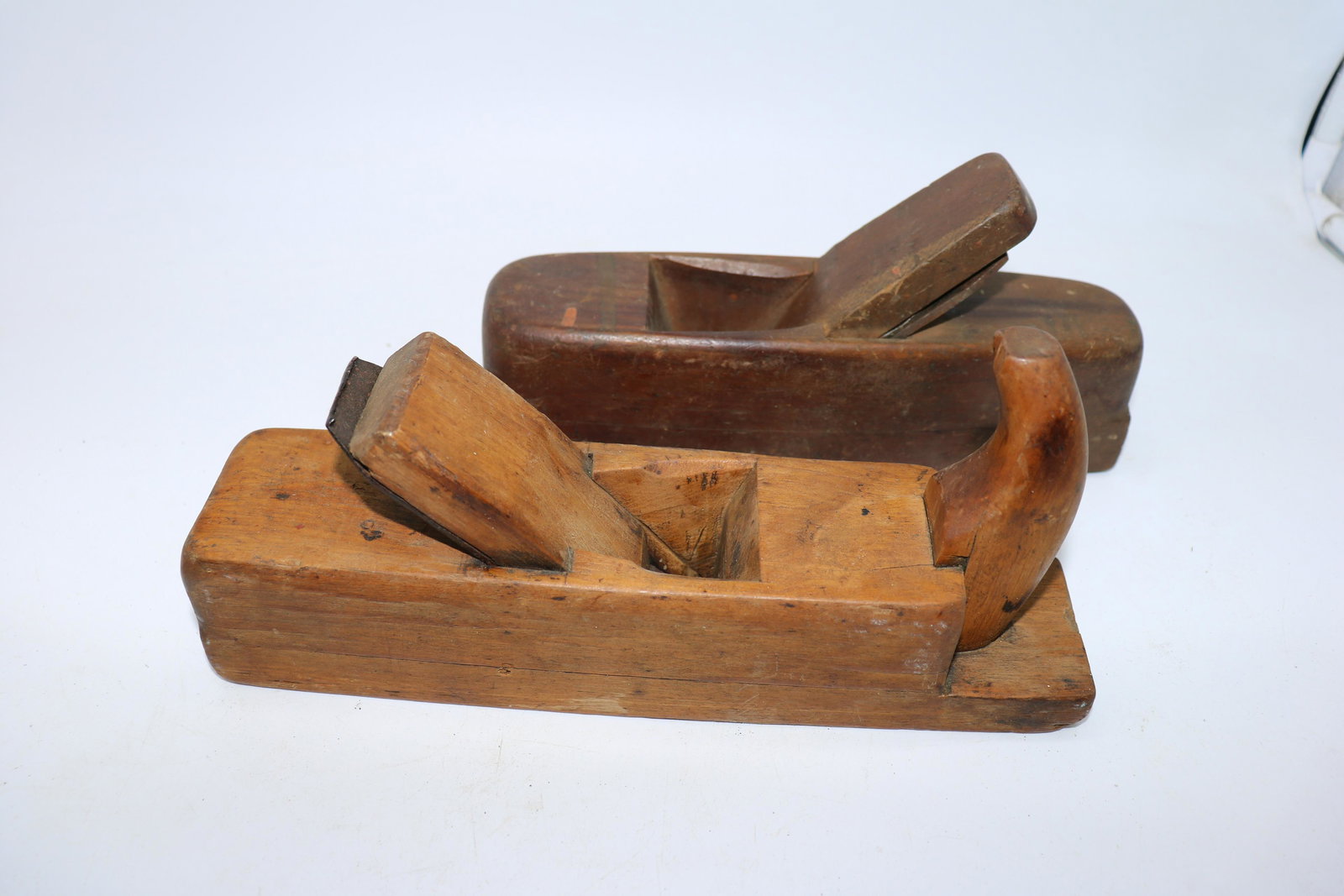 Pair Antique Primitive Hand Carved Wood Planes: great early pair, approx. 9 3/4 & 9 inches long