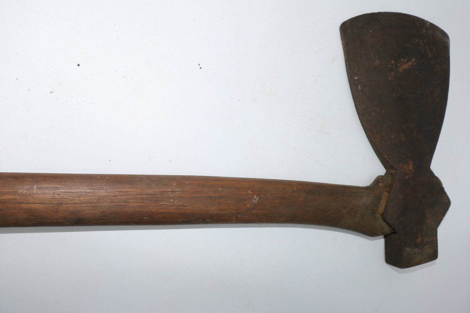 Antique Primitive Hewing Ax, Hand Forged: wide head hand forged, long handle, approx. 33 3/4 inches long, head 11 x 6 1/4
