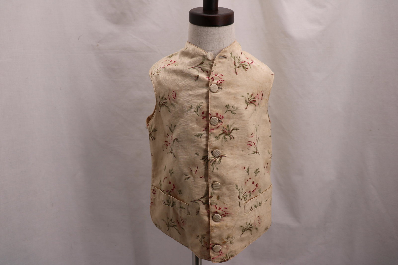 Early Little Boy's Silk Floral Vest: nice condition with some water spots, approx. 26 bust, 26 waist, lower front pockets , back adjustable buckle