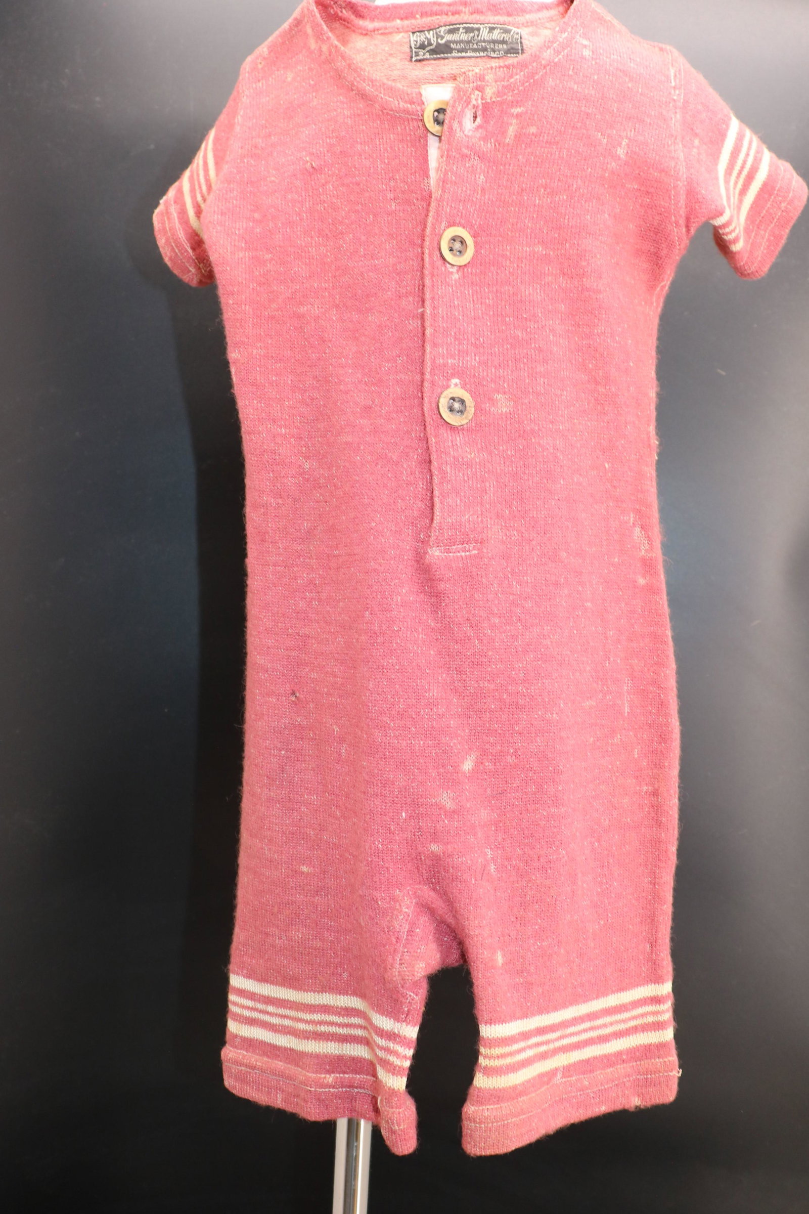 Early Little Boys Wool Bathingsuit, Ganter & Mattern: pale red wool with white strip one piece bathing suit, absolutly adorable, approx. 20 chest, 18 waist with out stretching, see photo's for damage, has bone buttons