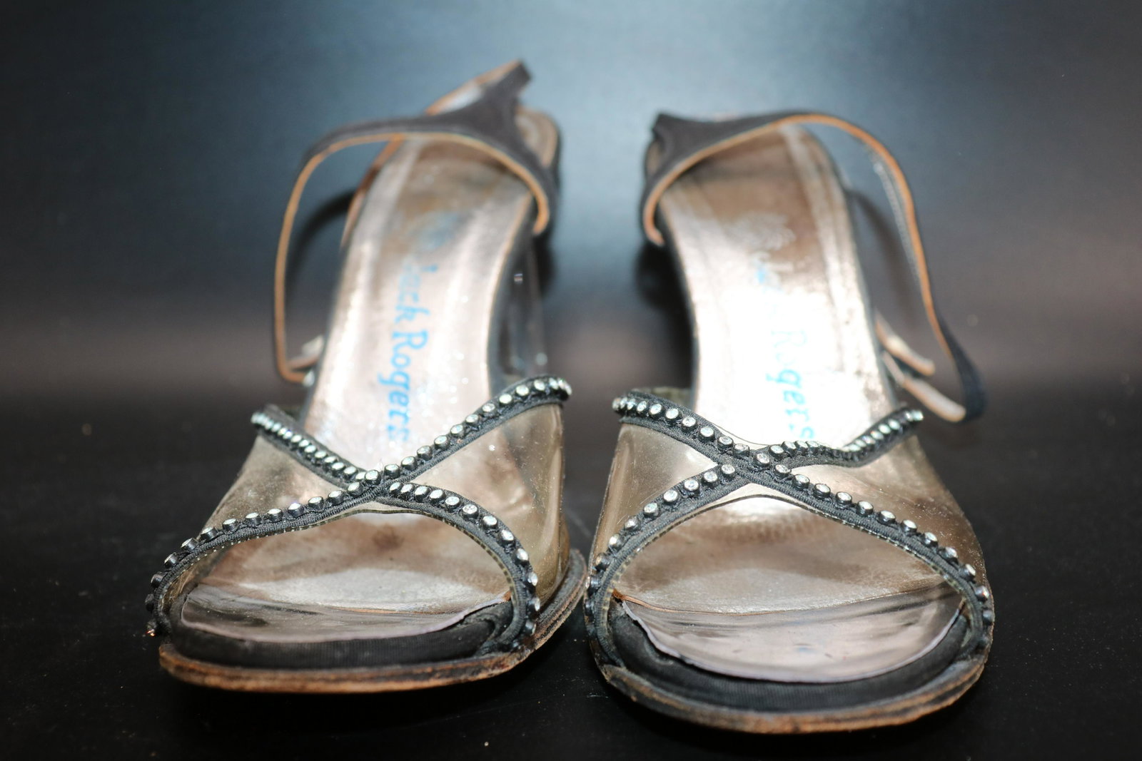Jack Rogers Vintage Lucite/Acrylic Strappy Sandels: great lucite heels, peep toe and ankle strap, rhinestone detail, size 8 1/2