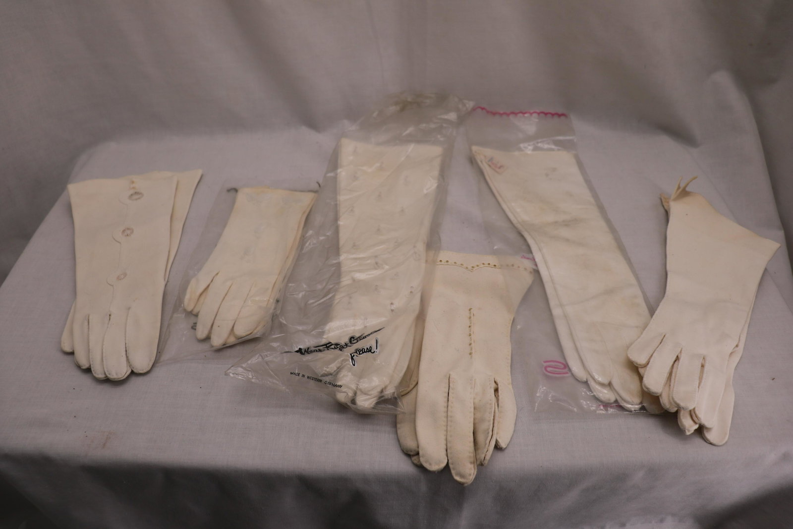 Lot of 5 Pair Ladies Vintage White Gloves: some with beading, some old store stock